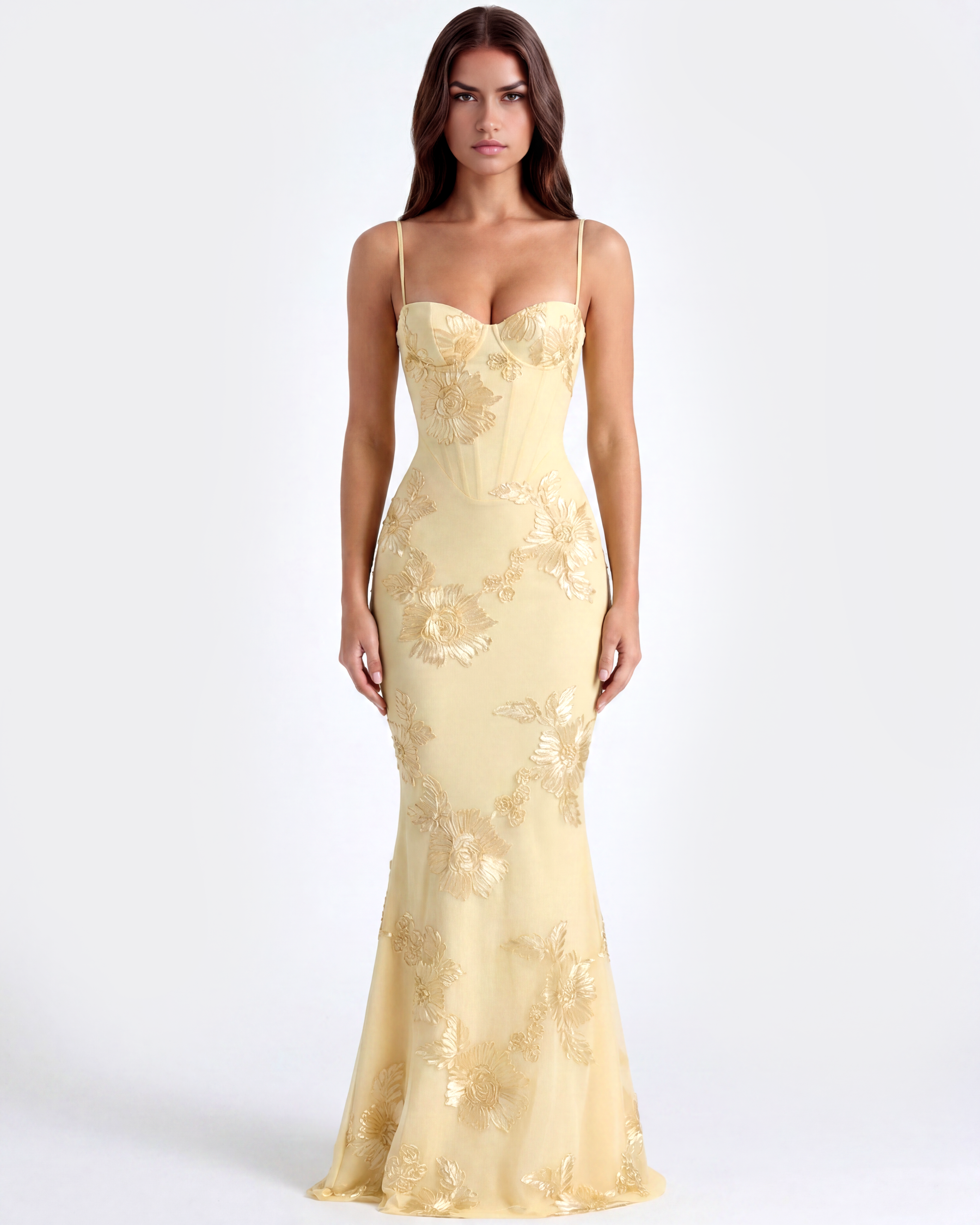 Celeste Floral Mesh Maxi Summer Dress - Lemon