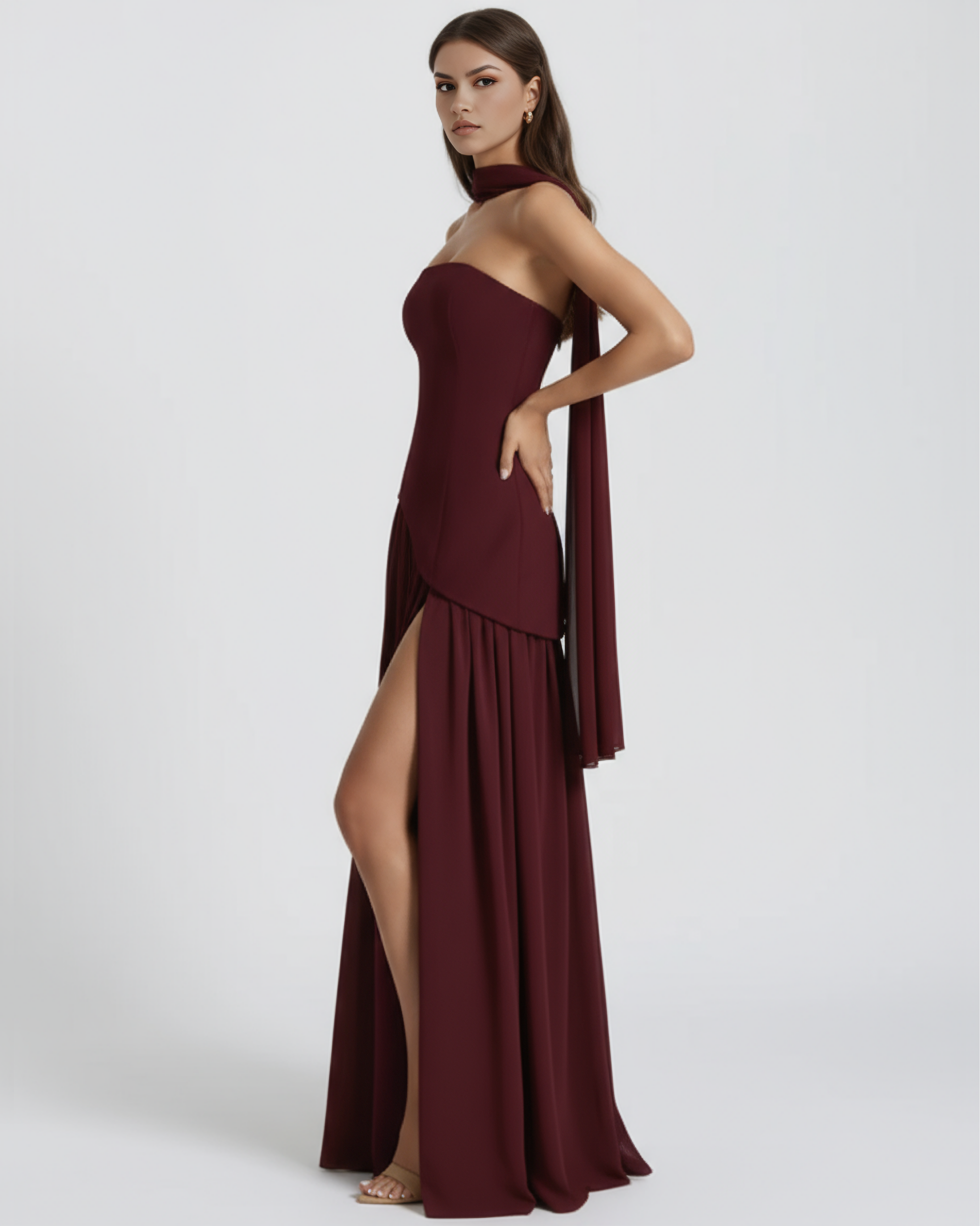 Serena Fitted Lace-Up Maxi Formal Dress - Deep Cherry Lacquer