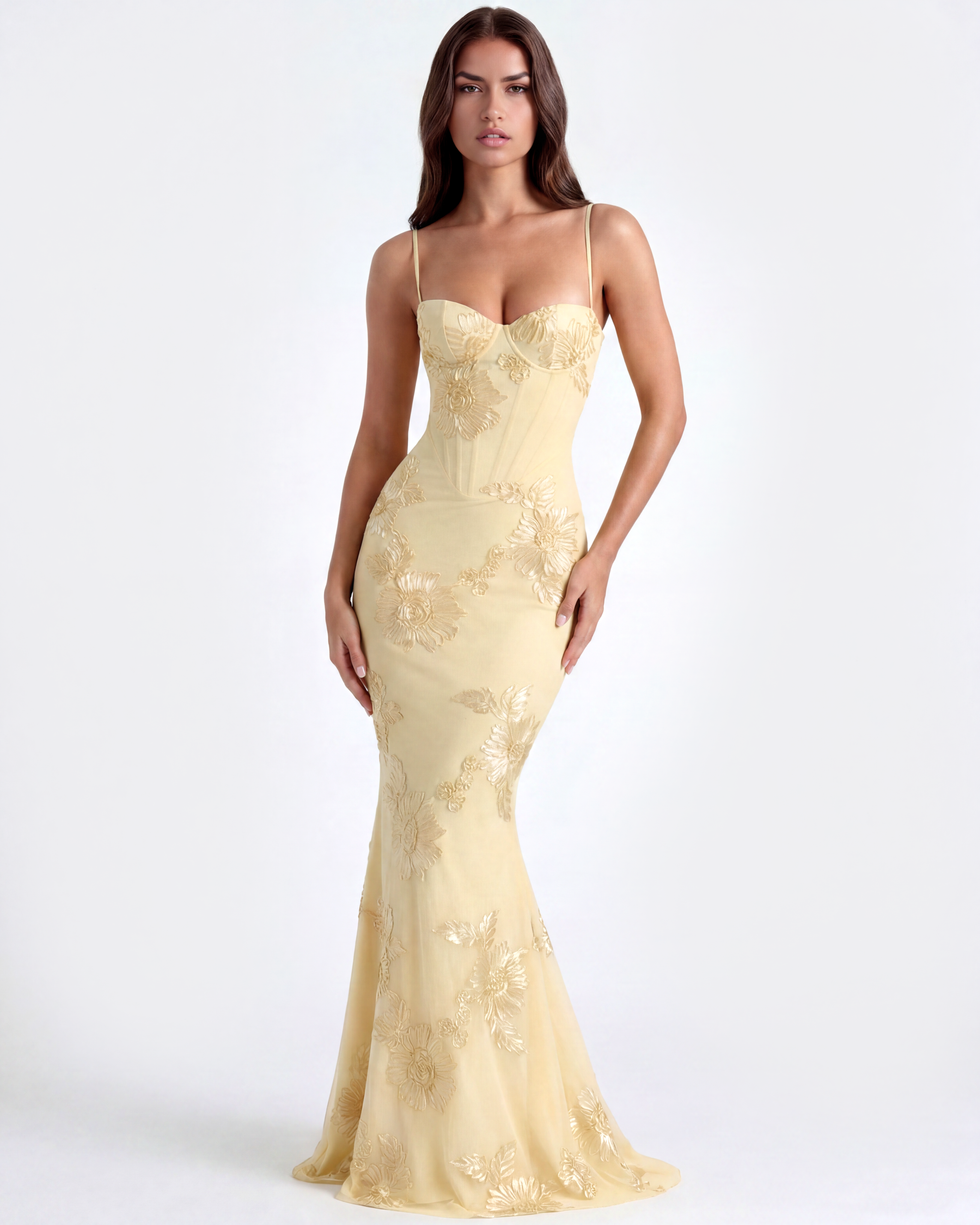 Celeste Floral Mesh Maxi Summer Dress - Lemon