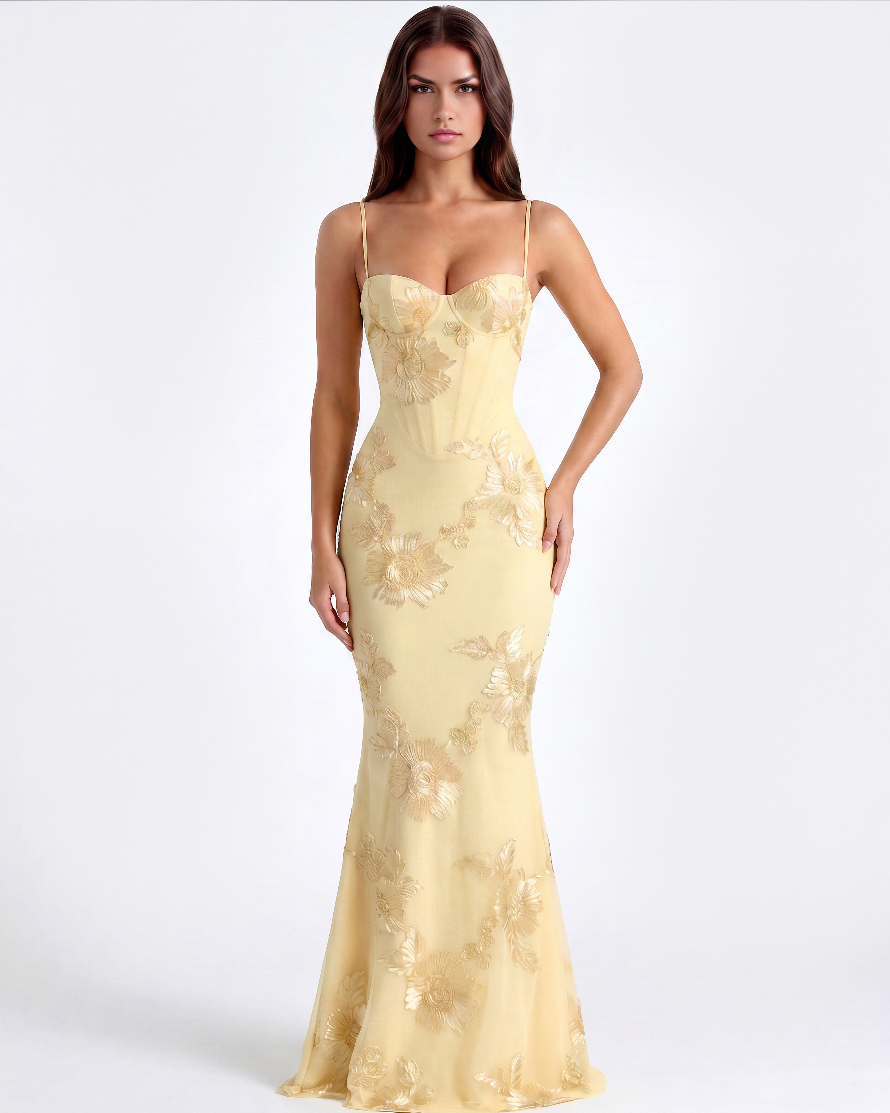Celeste Floral Mesh Maxi Summer Dress - Lemon