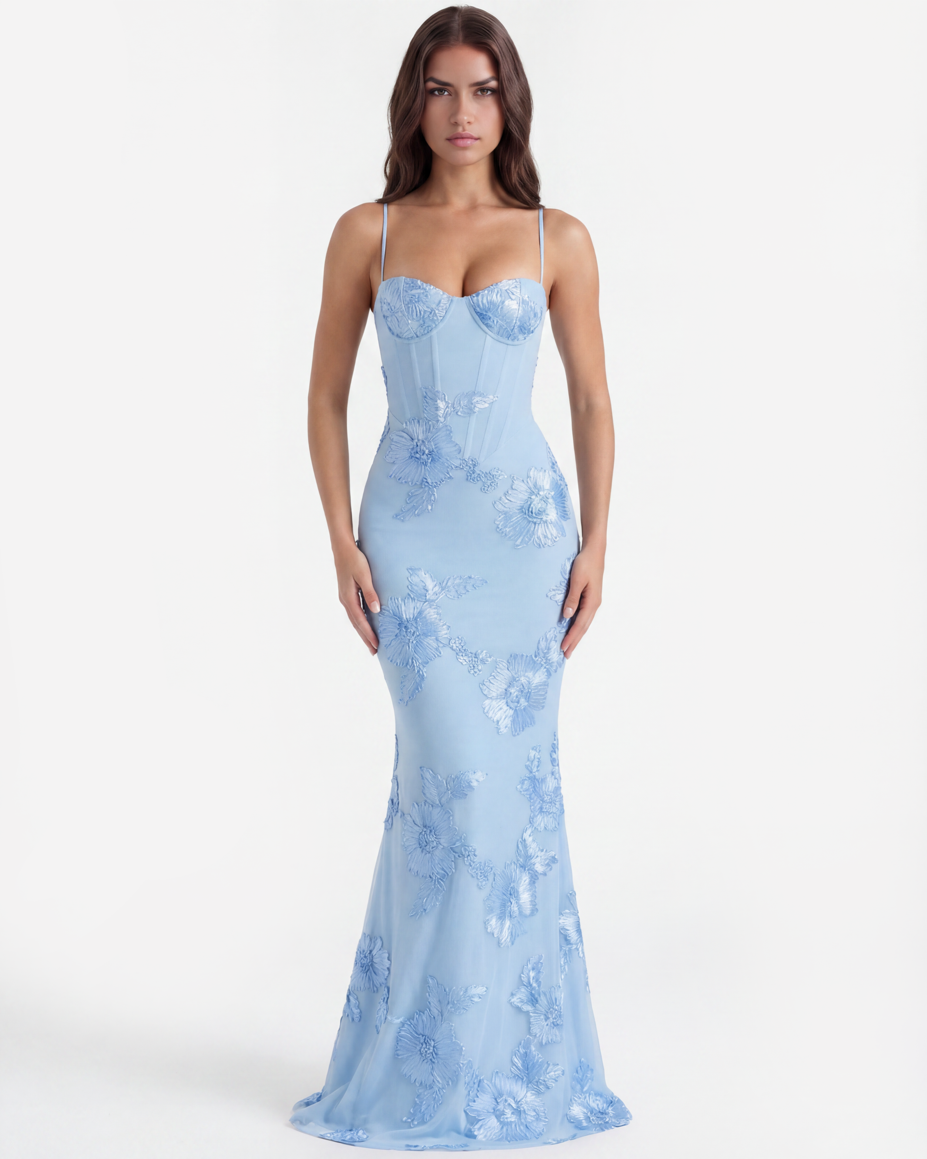 Celeste Floral Mesh Maxi Summer Bridesmaid Dress - Baby Blue