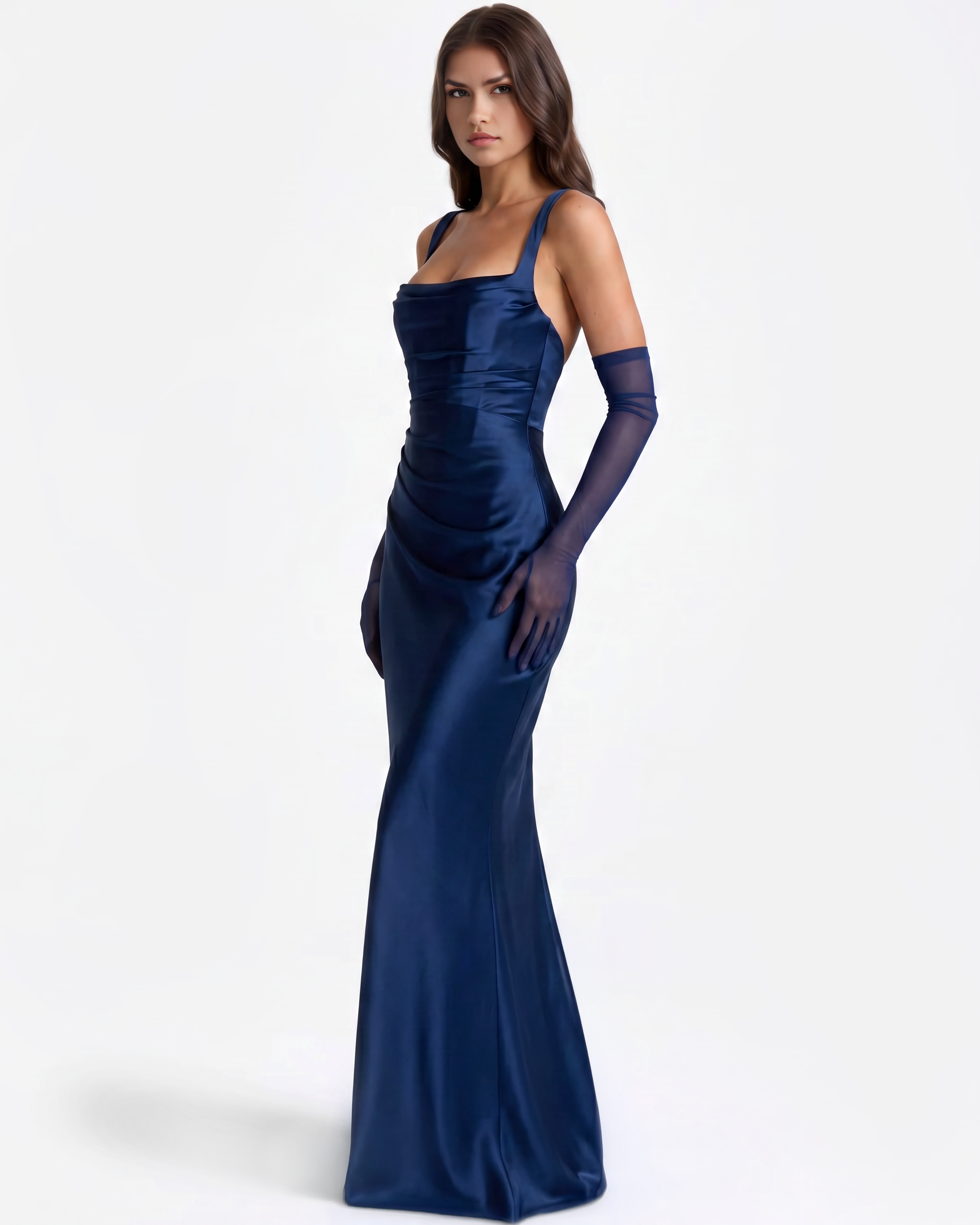 Adrienne Satin Pleated Maxi Formal Dress - Navy