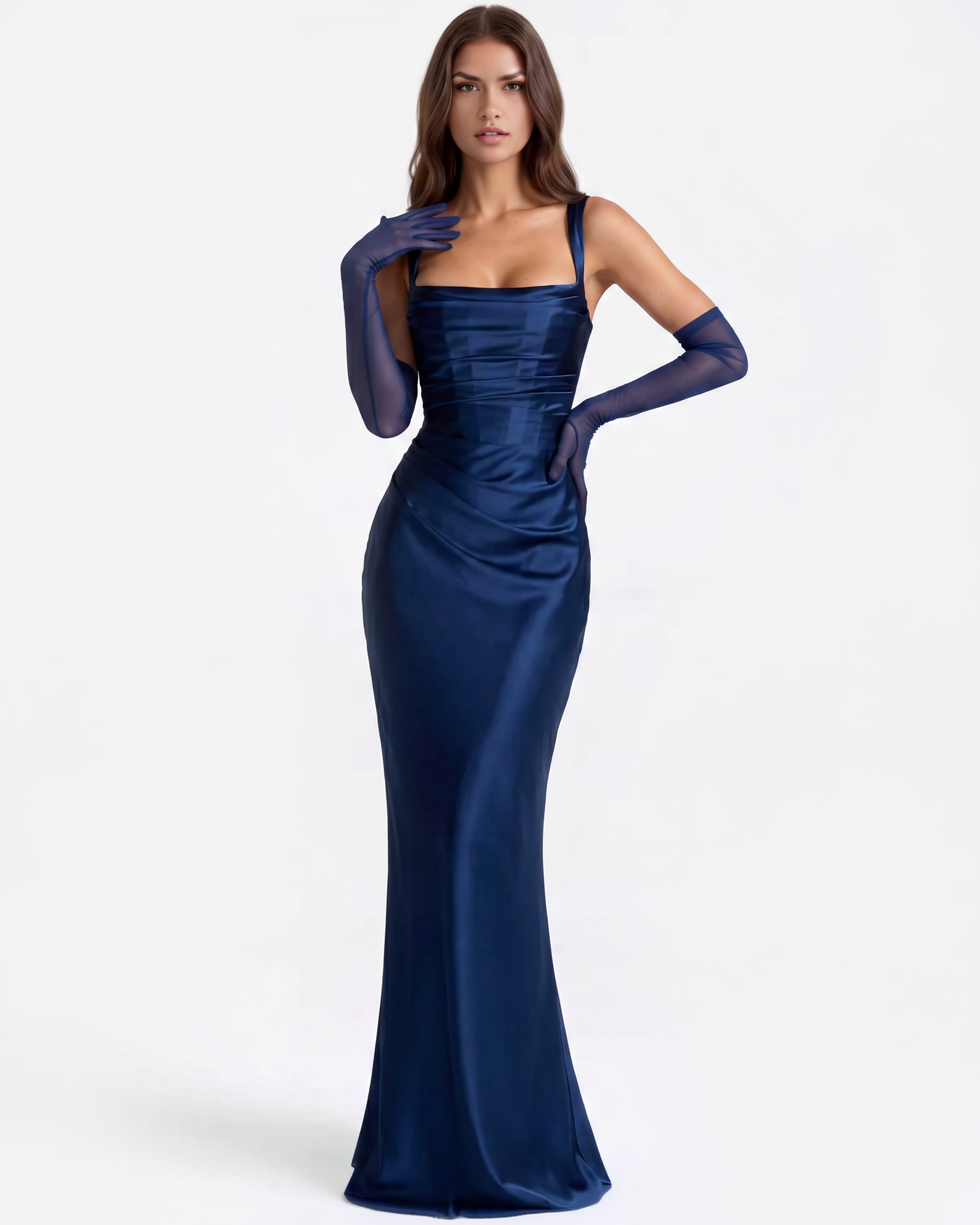 Adrienne Satin Pleated Maxi Formal Dress - Navy