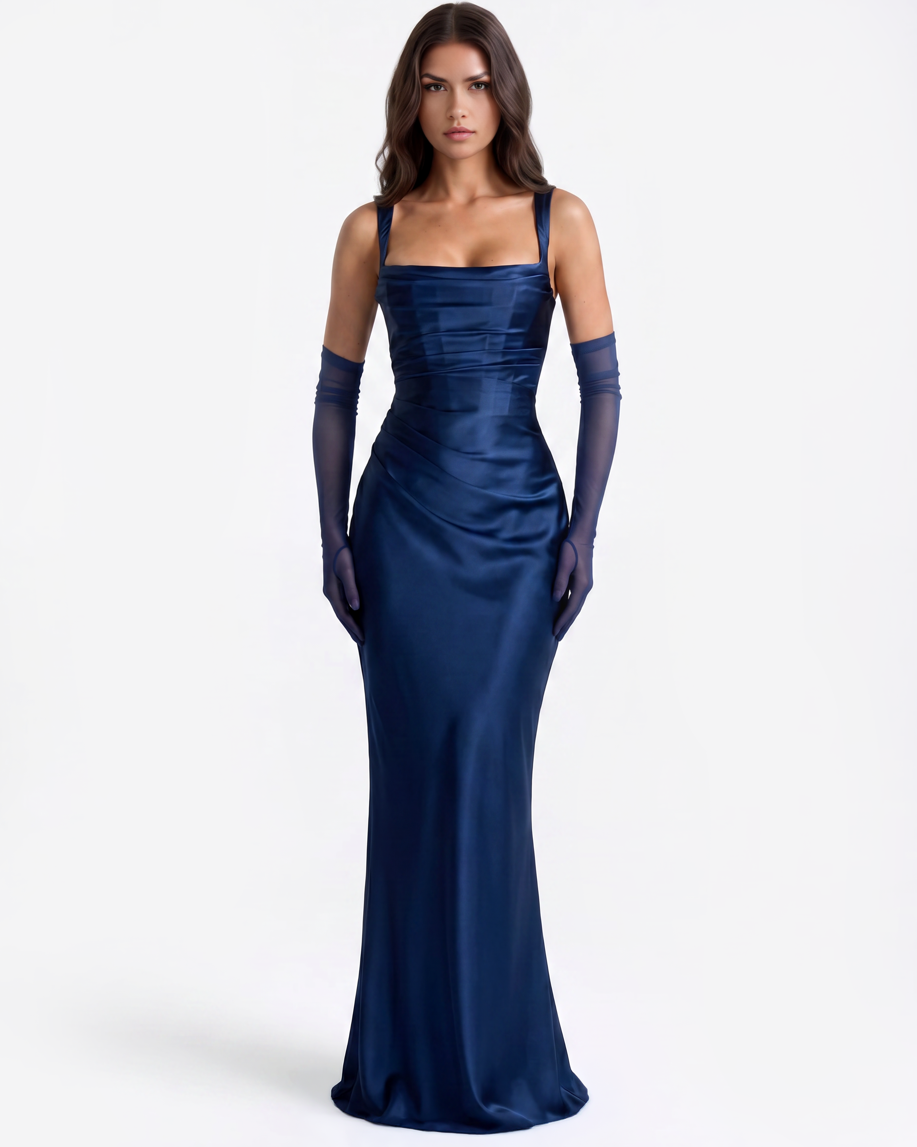 Adrienne Satin Pleated Maxi Formal Dress - Navy