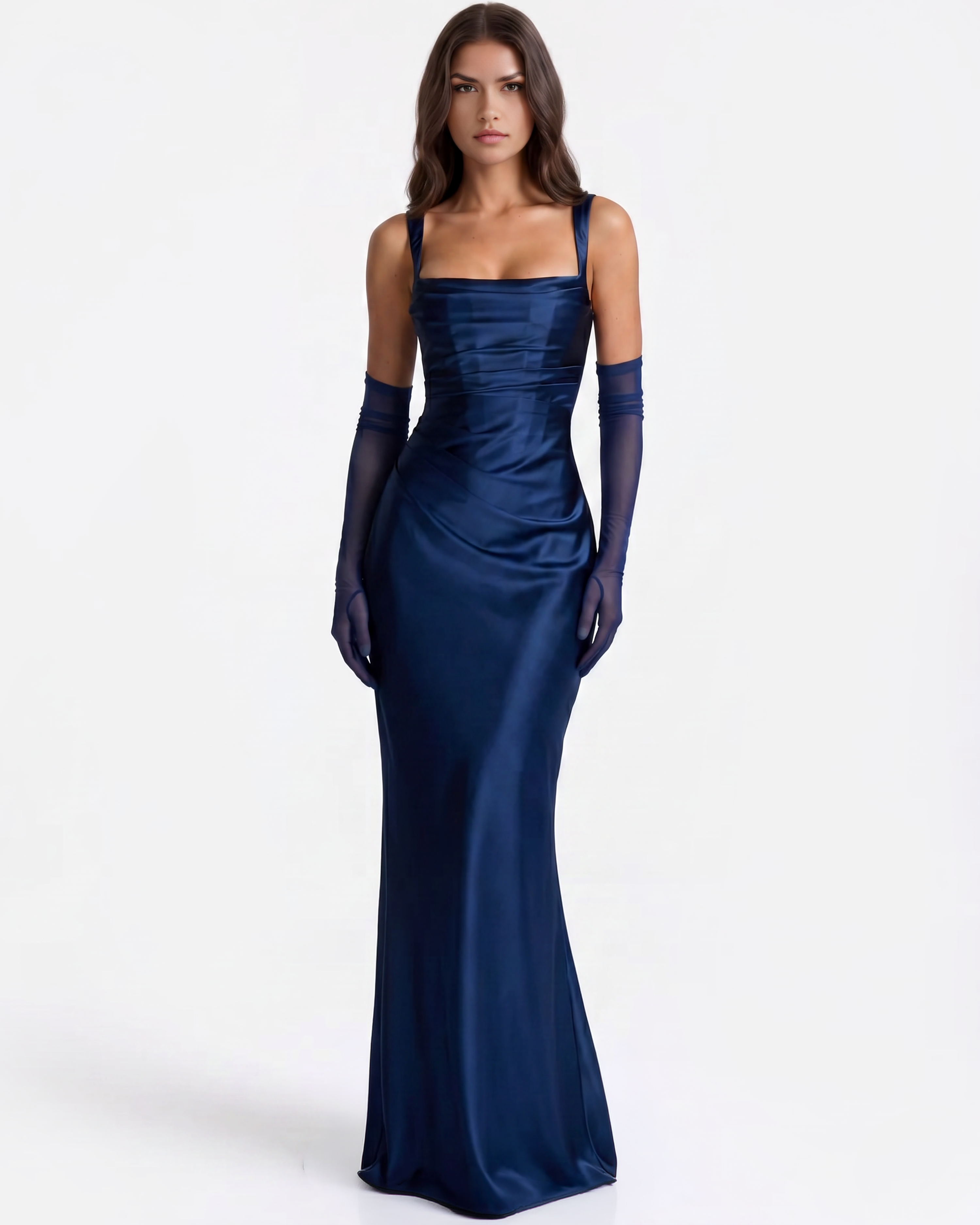 Adrienne Satin Pleated Maxi Formal Dress - Navy