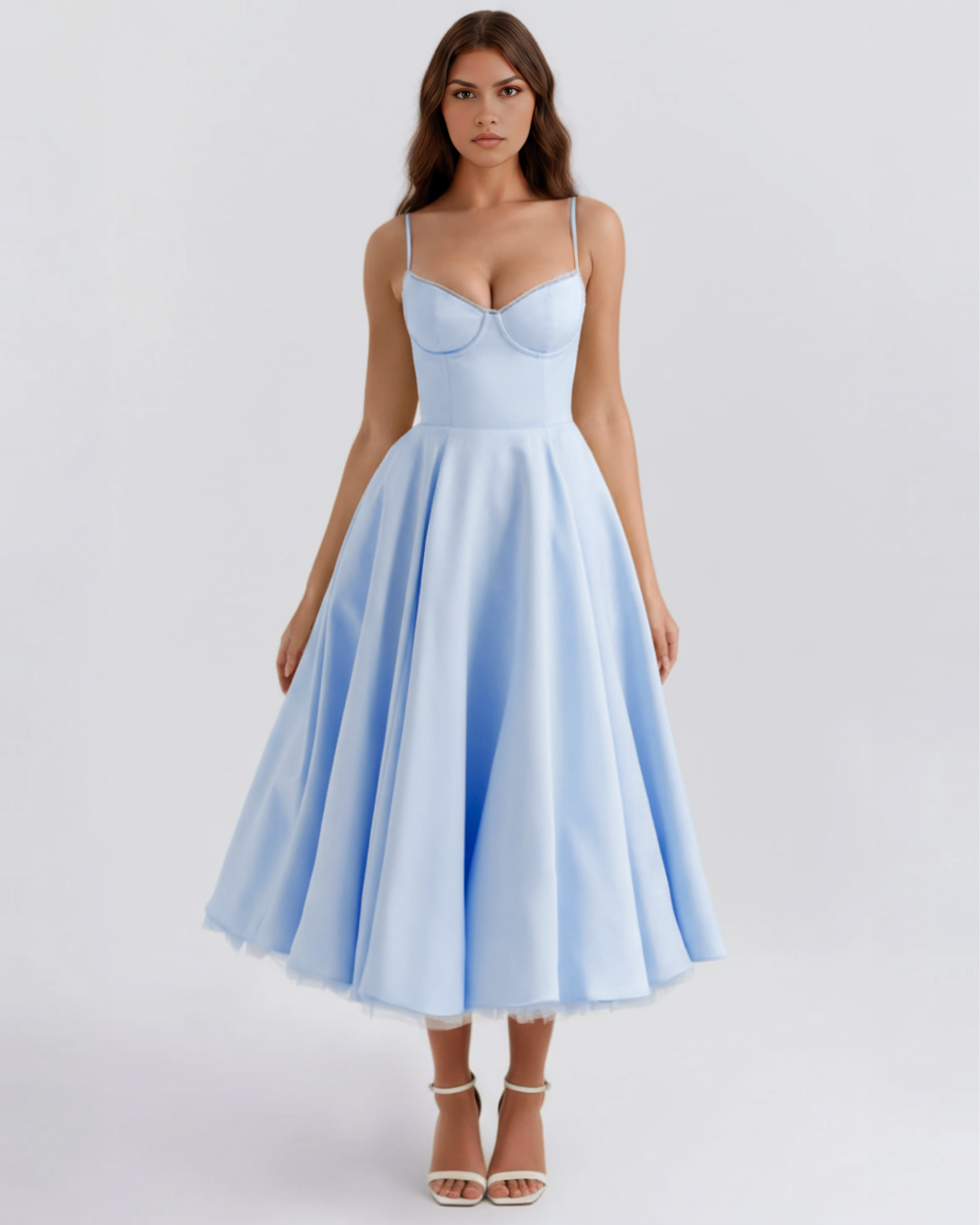 Selene Satin Mesh Midi Wedding Guest Dress - Champagne