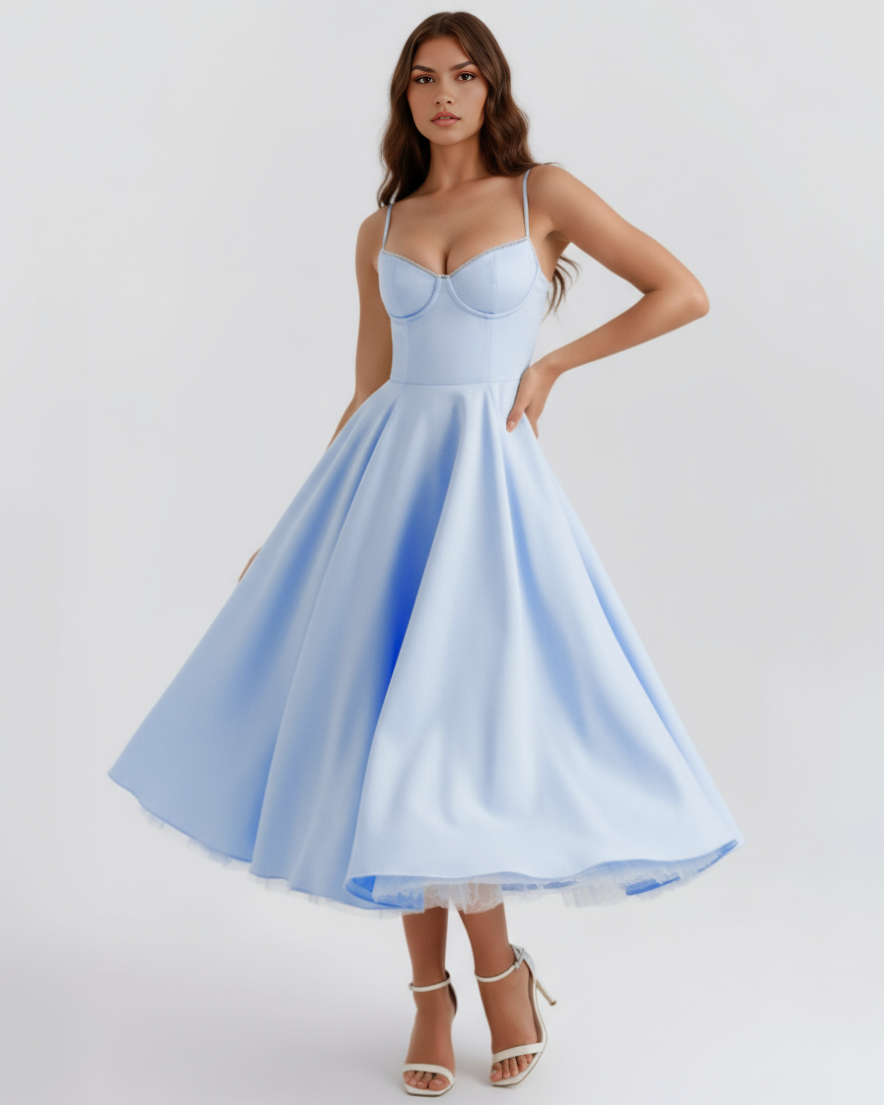 Selene Satin Mesh Midi Wedding Guest Dress - Champagne