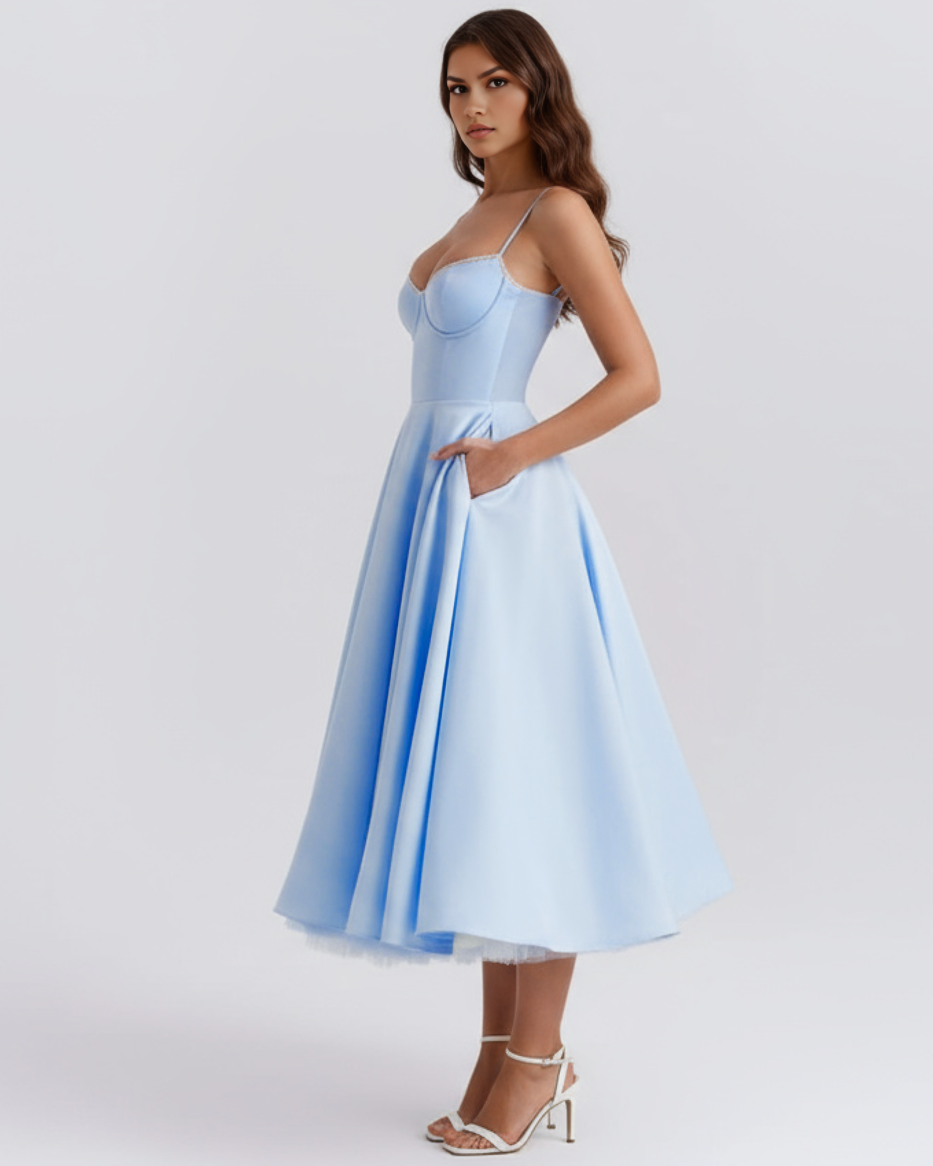 Selene Satin Mesh Midi Wedding Guest Dress - Champagne