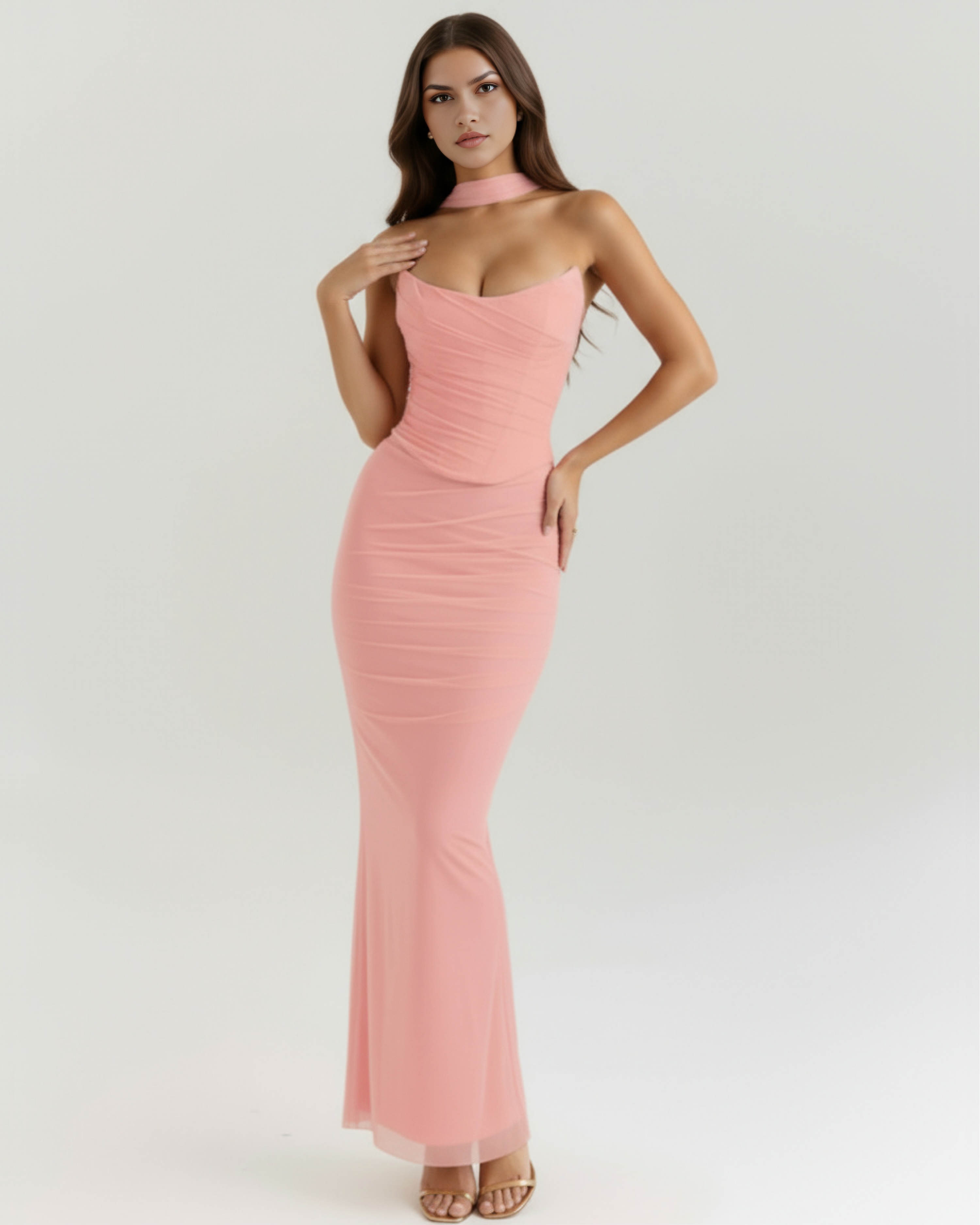 Malu Mesh Fitted Maxi Evening Dress - Black