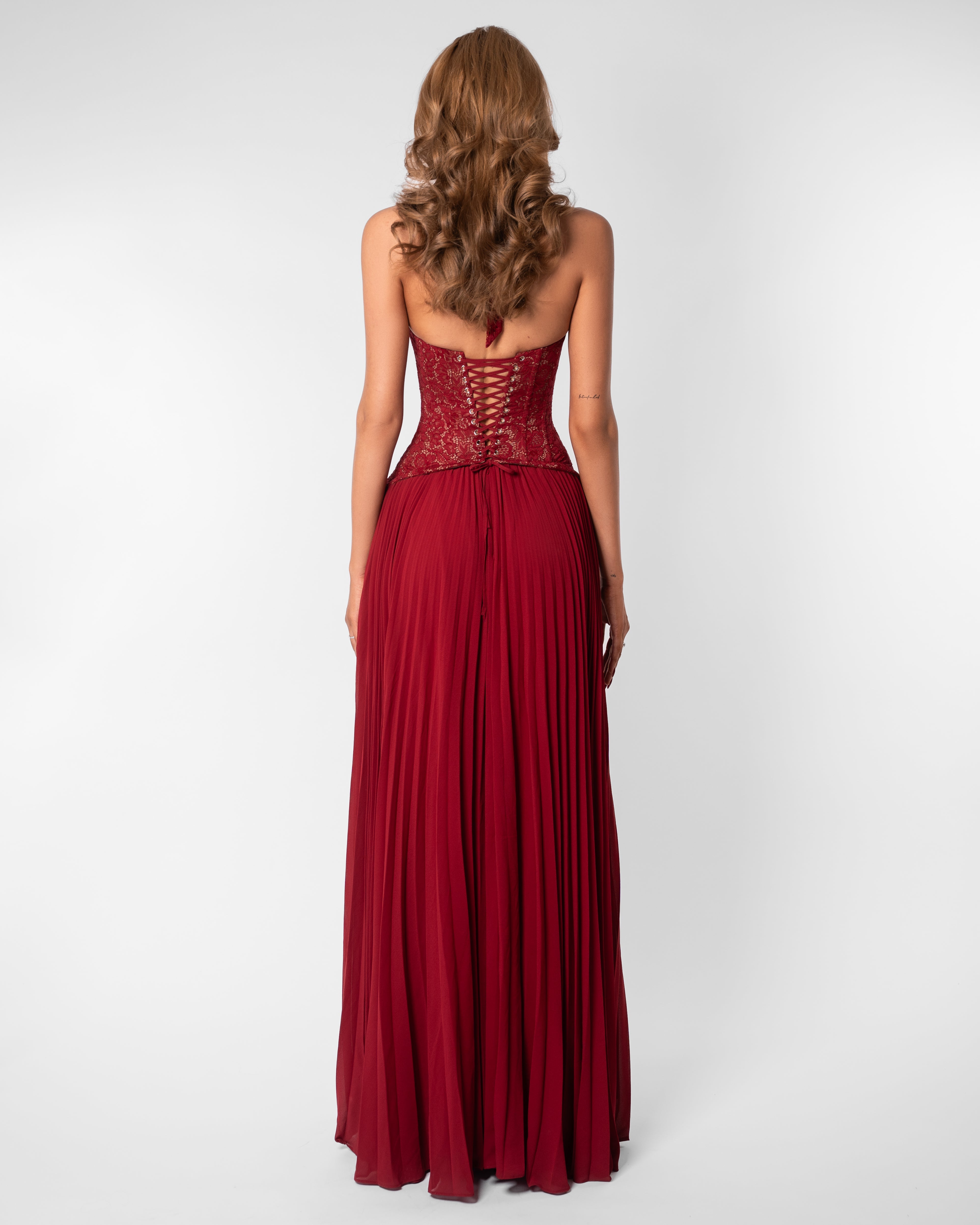 Gaia Lace Pleated Maxi Evening Dress - Dark Red