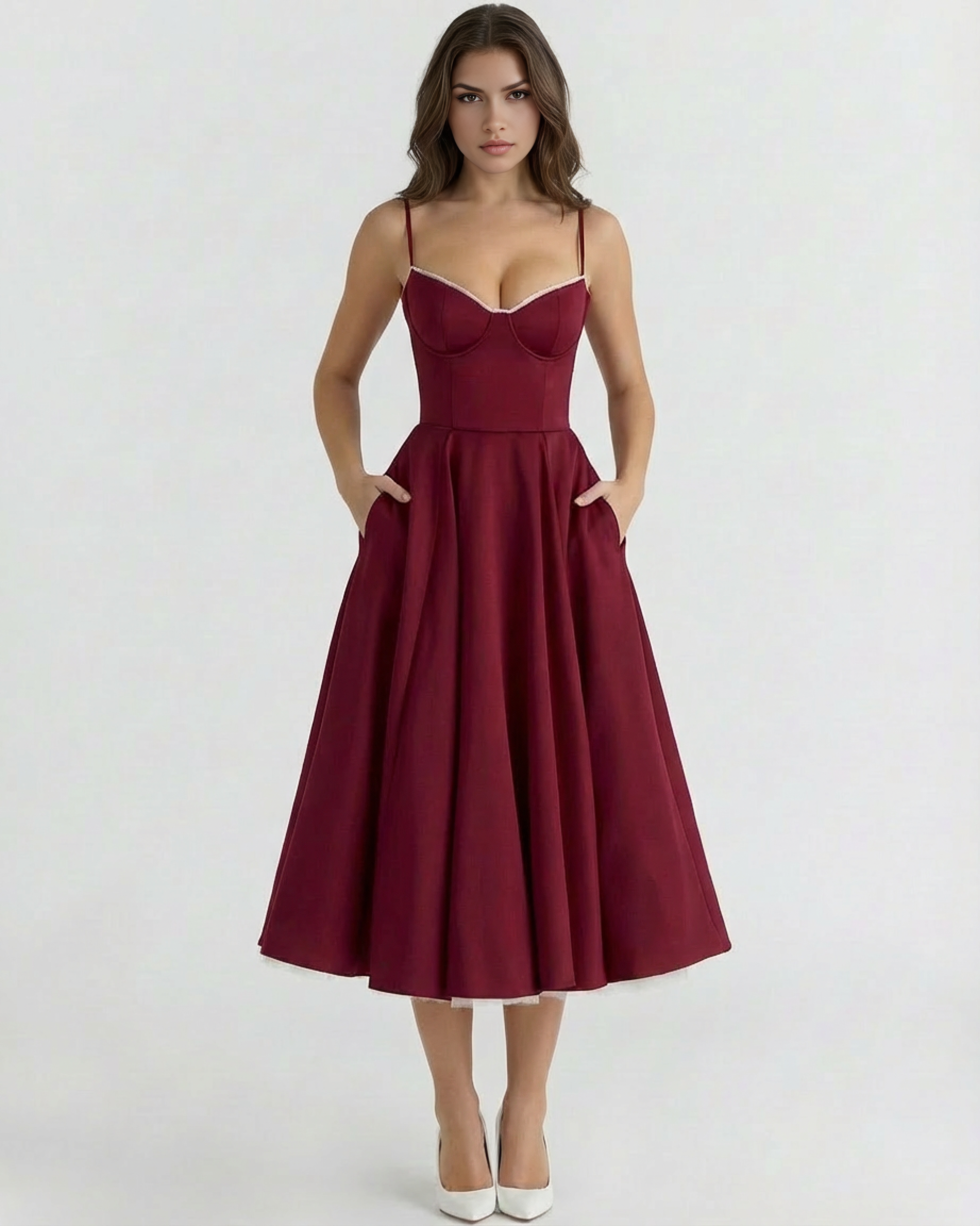 Selene Satin Mesh Midi Wedding Guest Dress - Pink