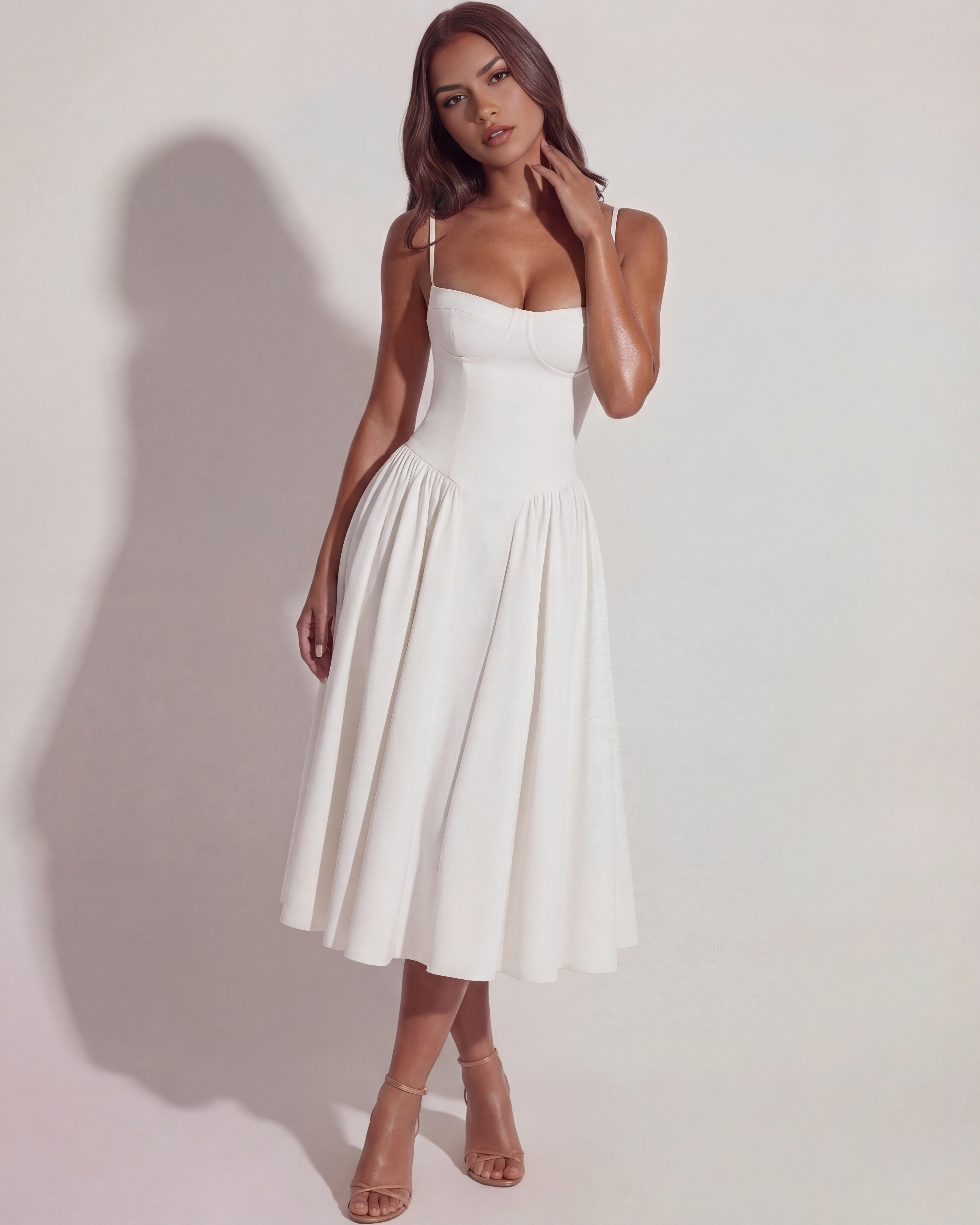 Francesca Fitted Sweetheart Midi Summer Dress - White