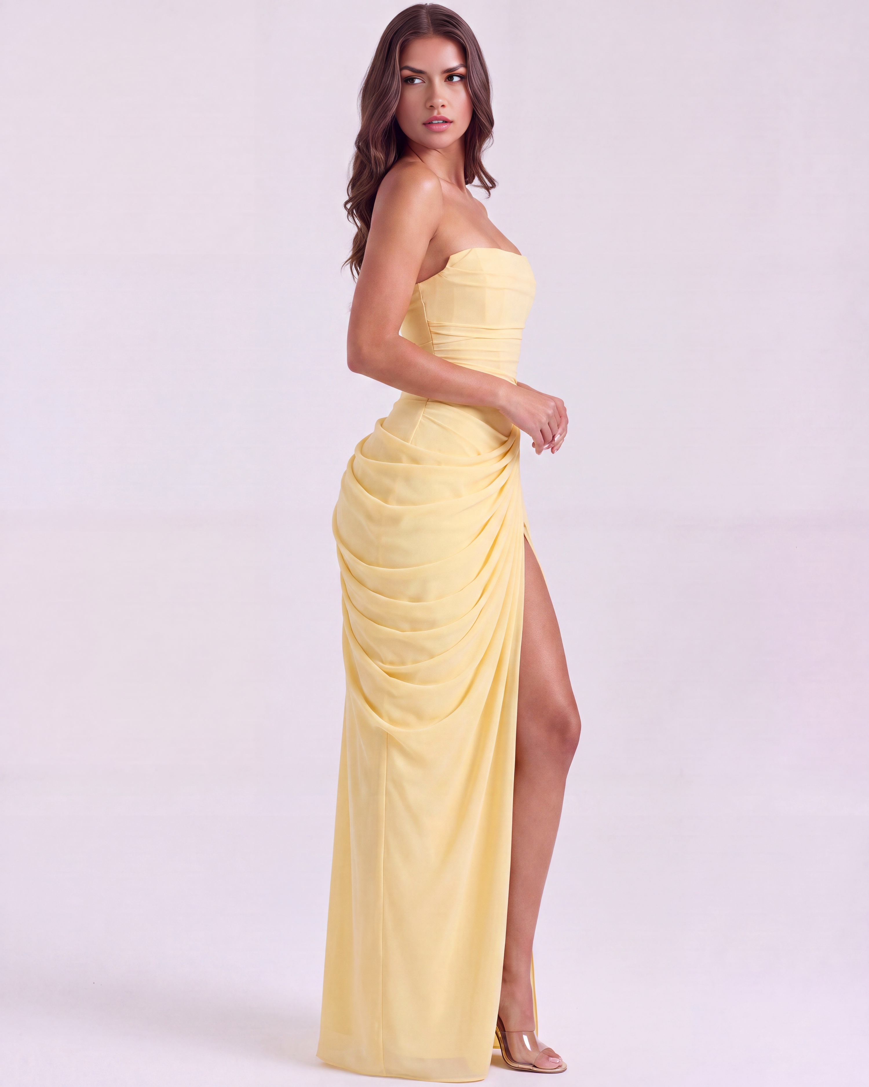 Charlotte Strapless Pleated Maxi Wedding Guest Dress - Lemon Yellow