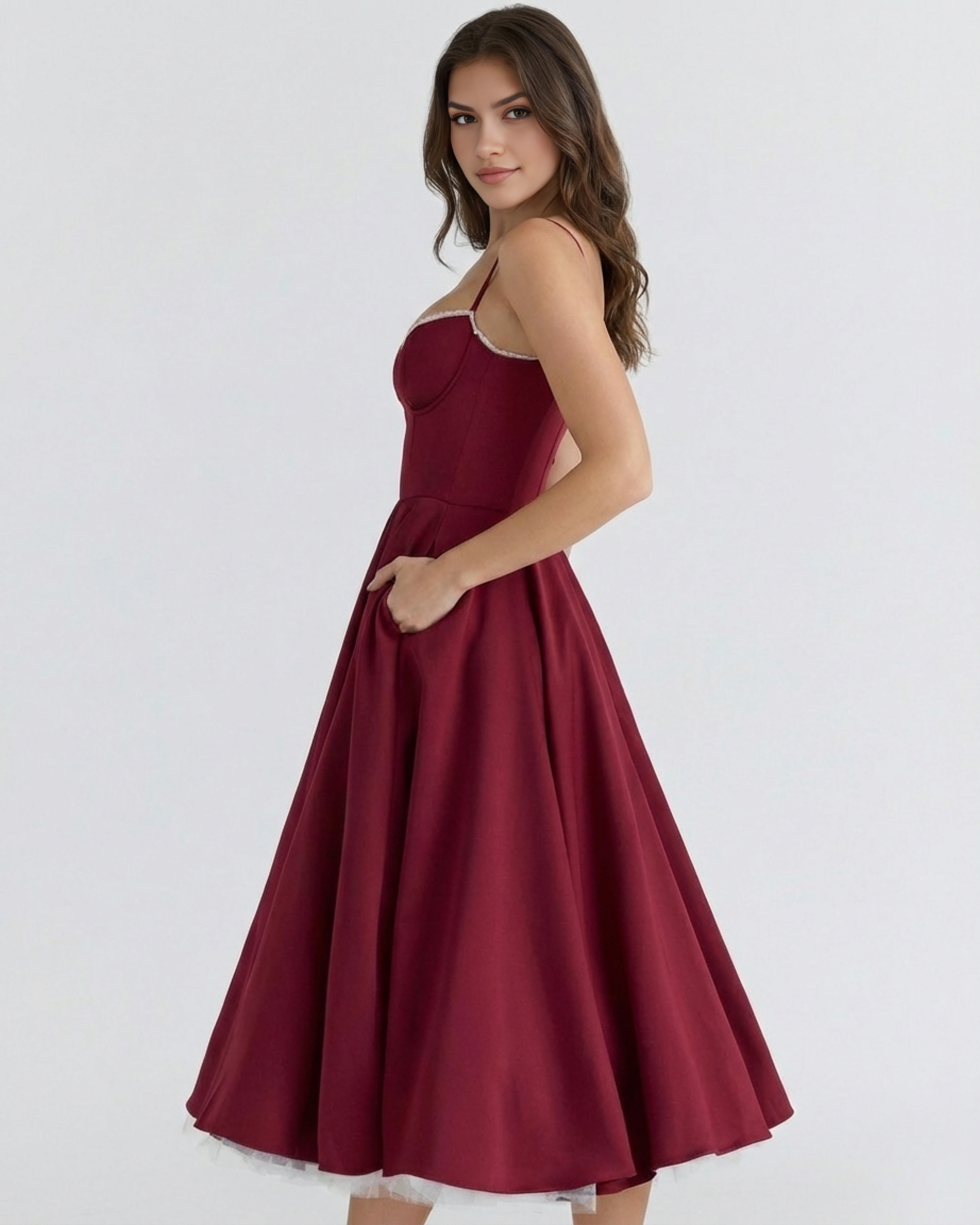 Selene Satin Mesh Midi Wedding Guest Dress - Pink
