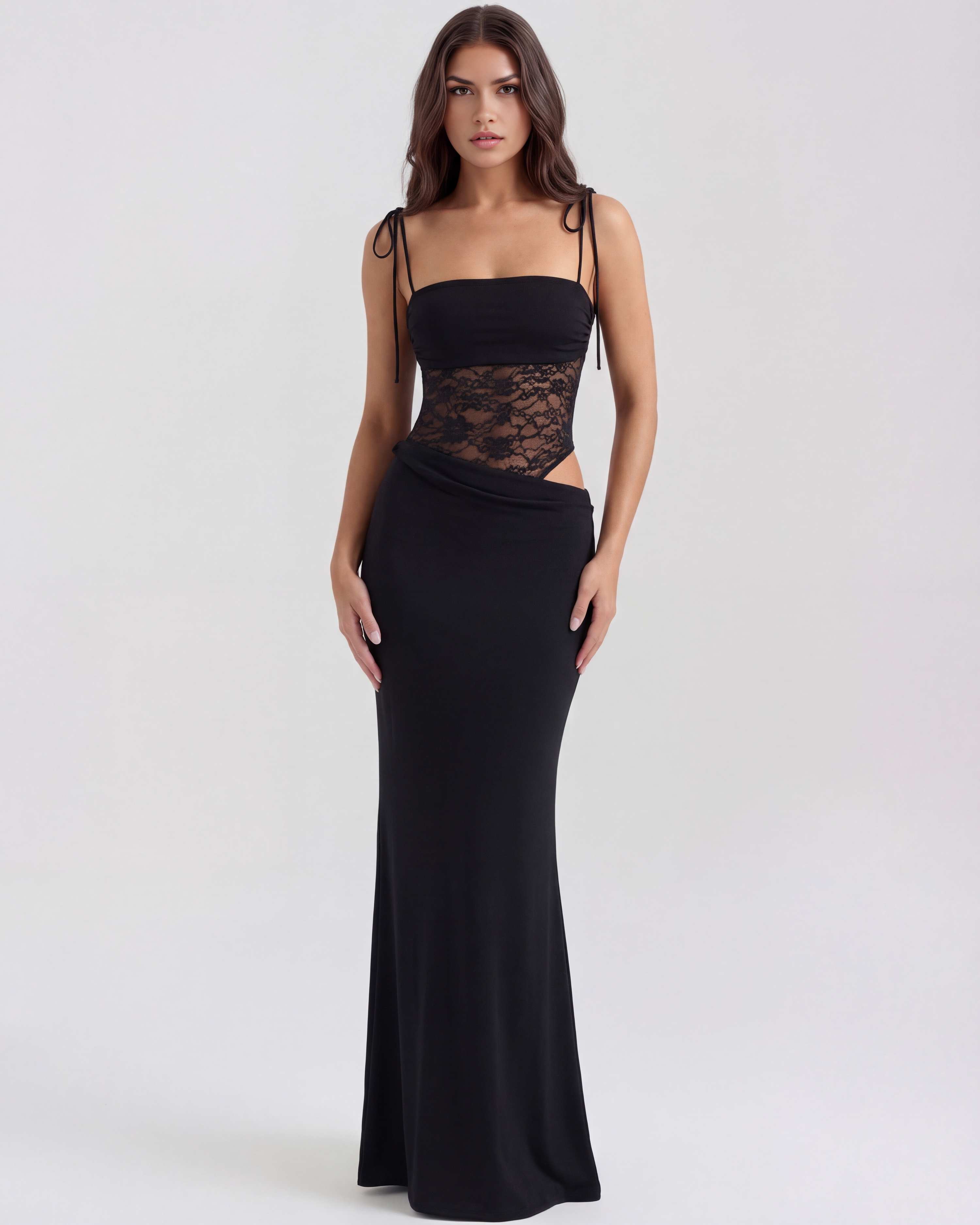 Valeria Lace Fitted Maxi Evening Dress - Black