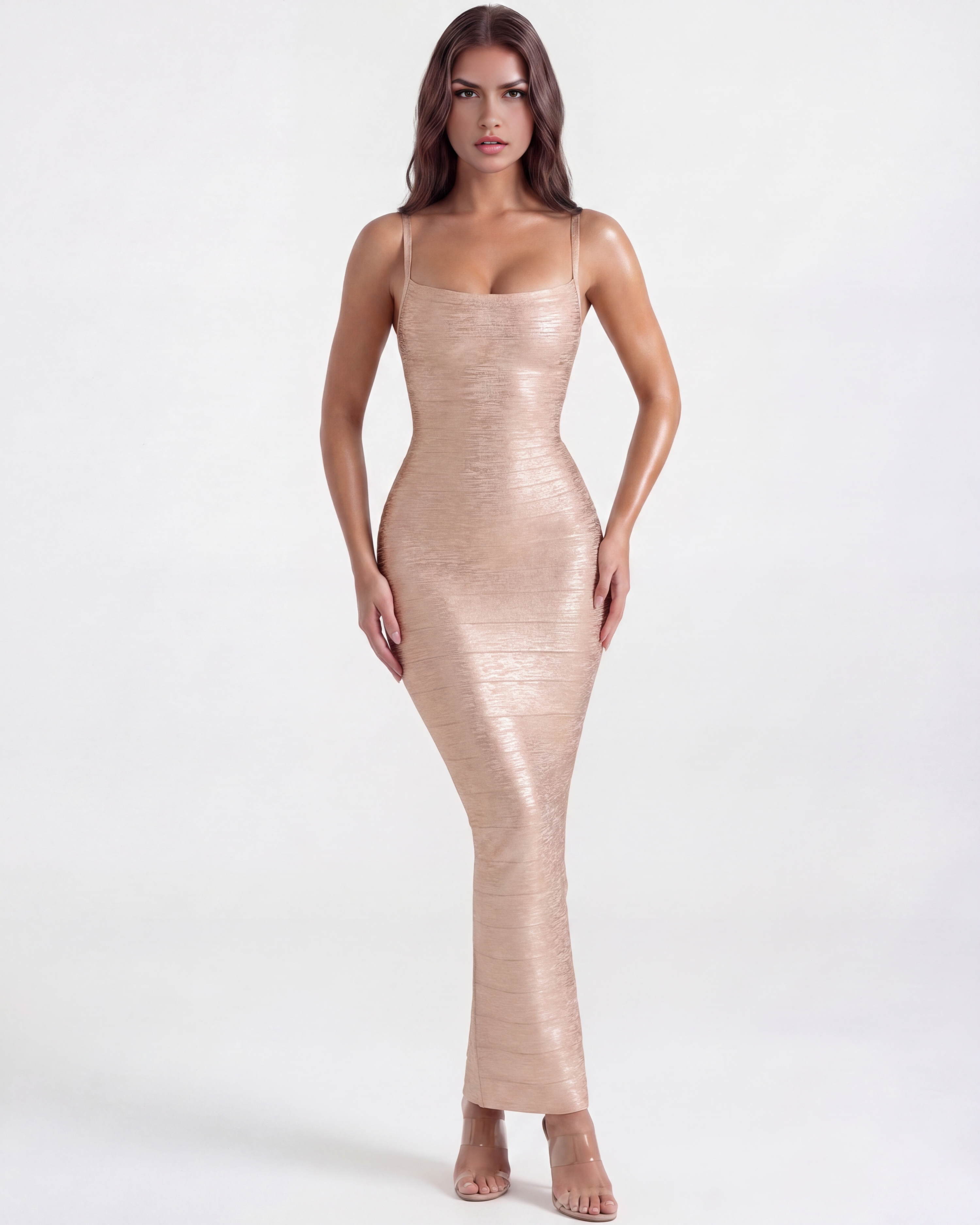 Ashanti Fitted Bodycon Maxi Evening Dress - Almond - Celeste Ricci