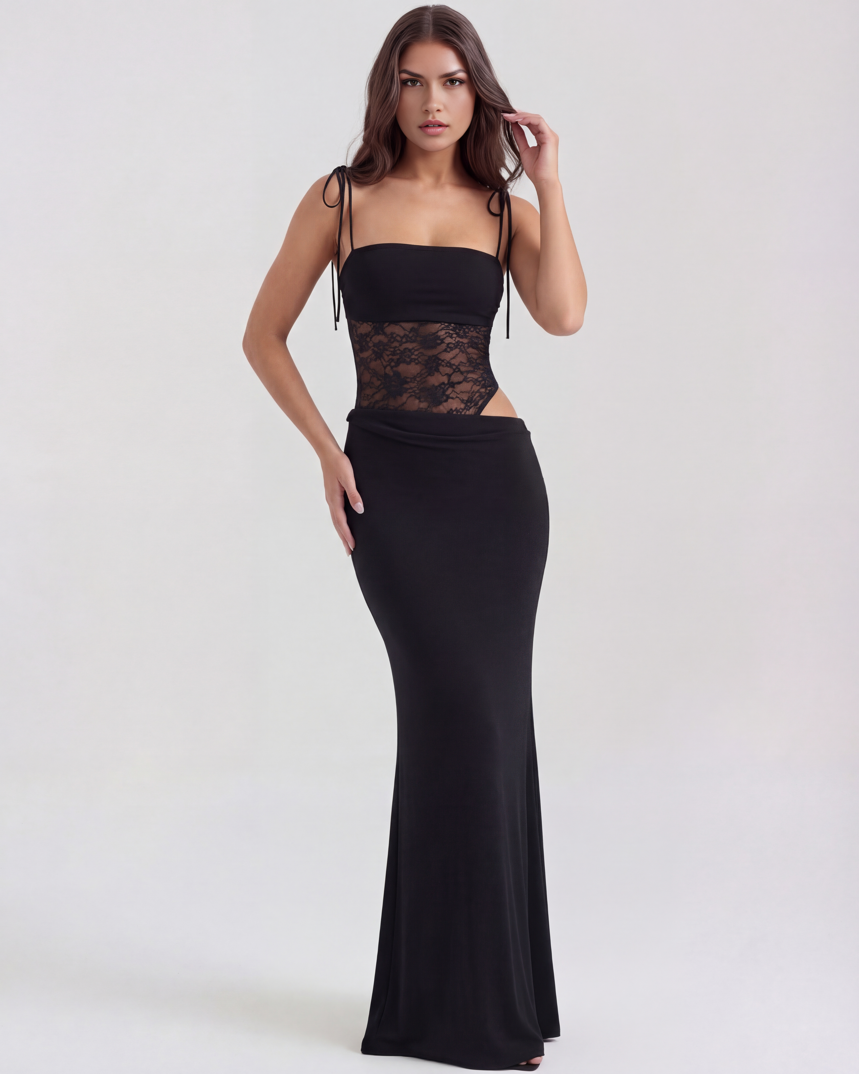Valeria Lace Fitted Maxi Evening Dress - Black