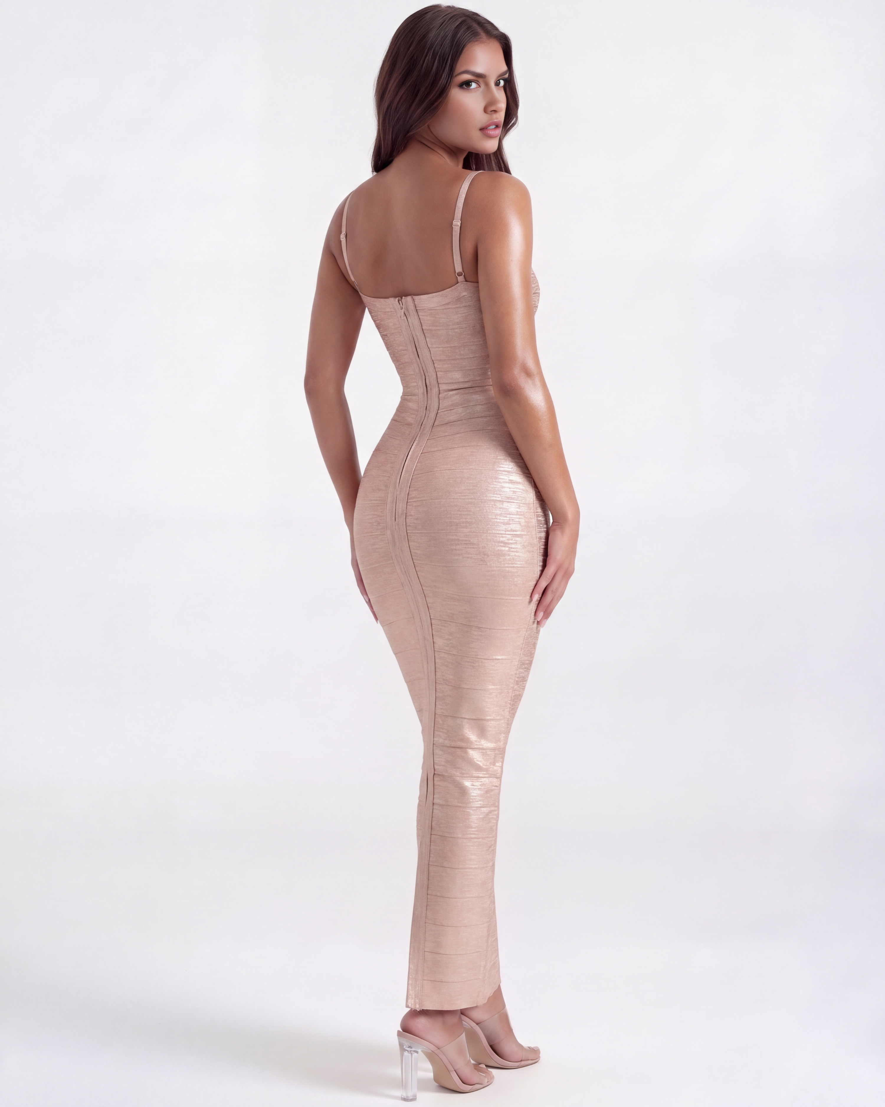 Ashanti Fitted Bodycon Maxi Evening Dress - Almond - Celeste Ricci