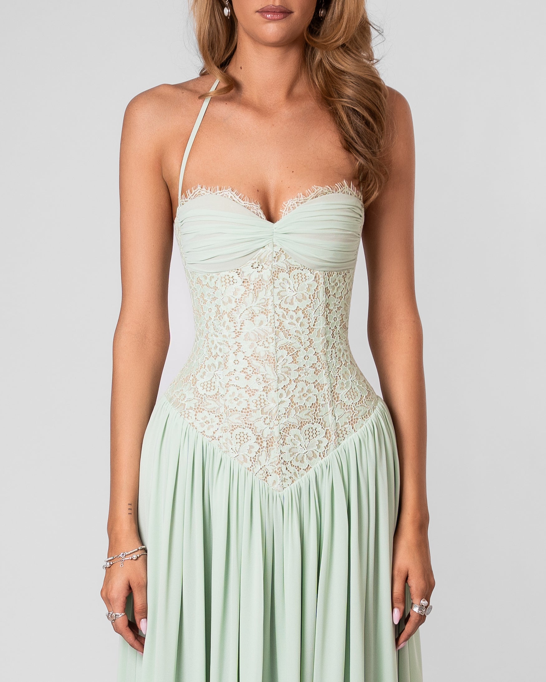 Faye Lace Corset Maxi Evening Dress - Mint