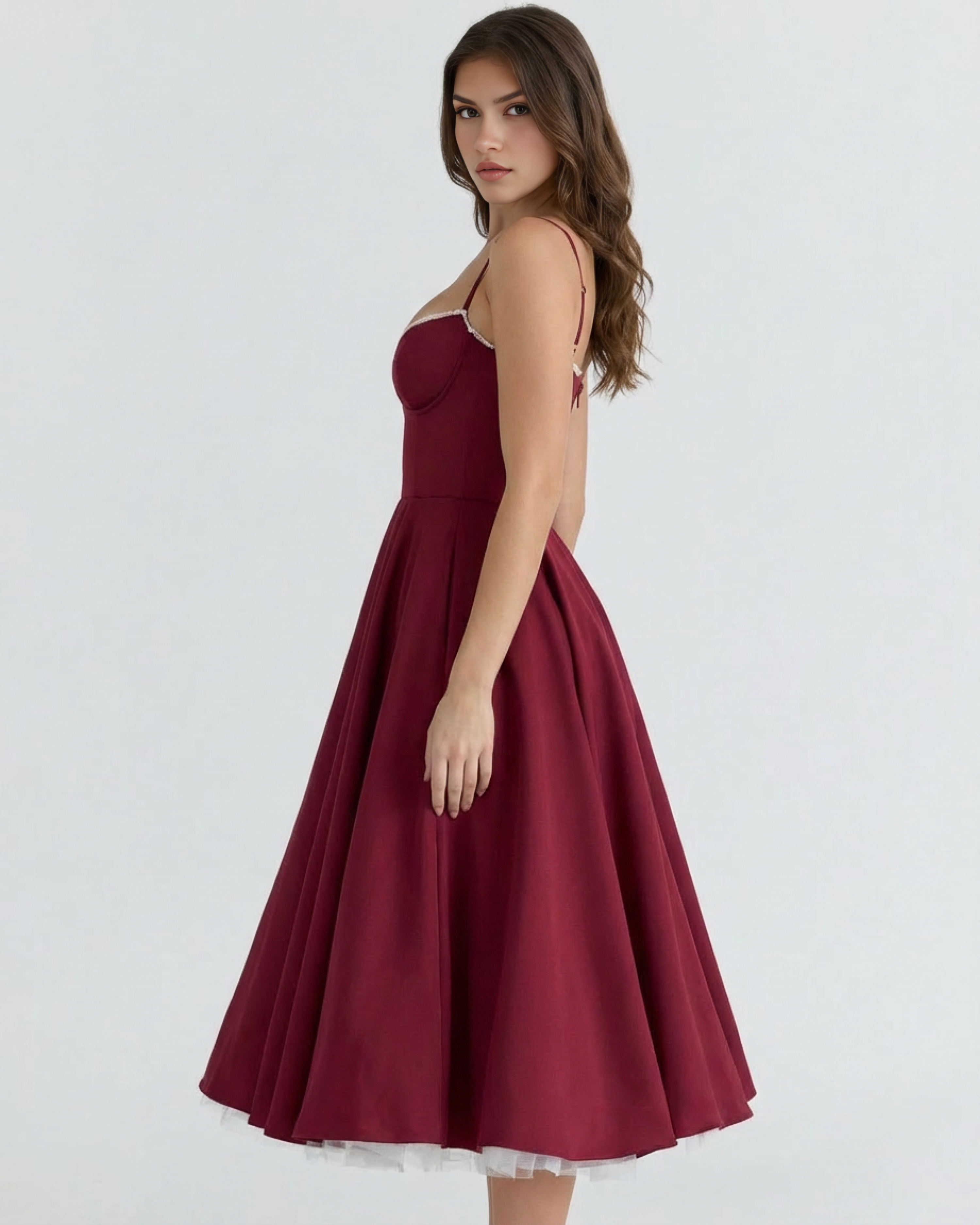 Selene Satin Mesh Midi Wedding Guest Dress - Pink