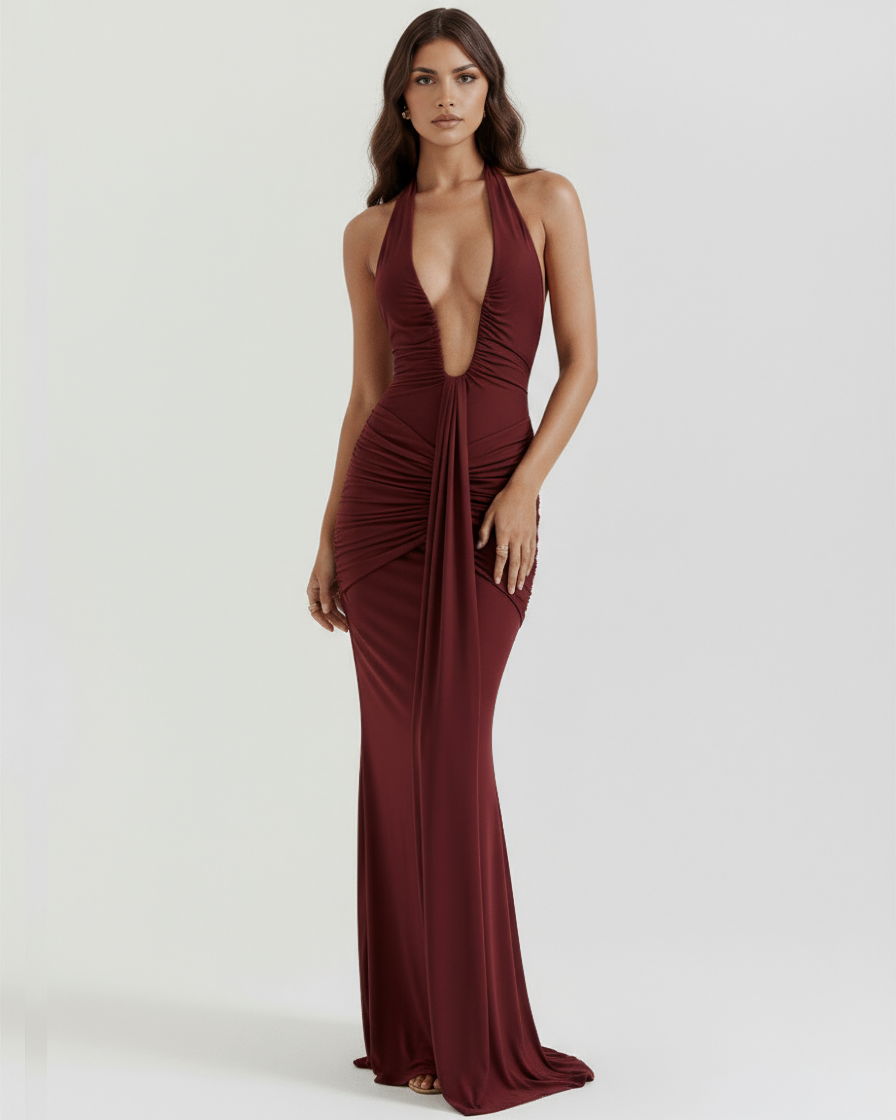 Ariel Ruched Halter Maxi Evening Dress - Burgundy