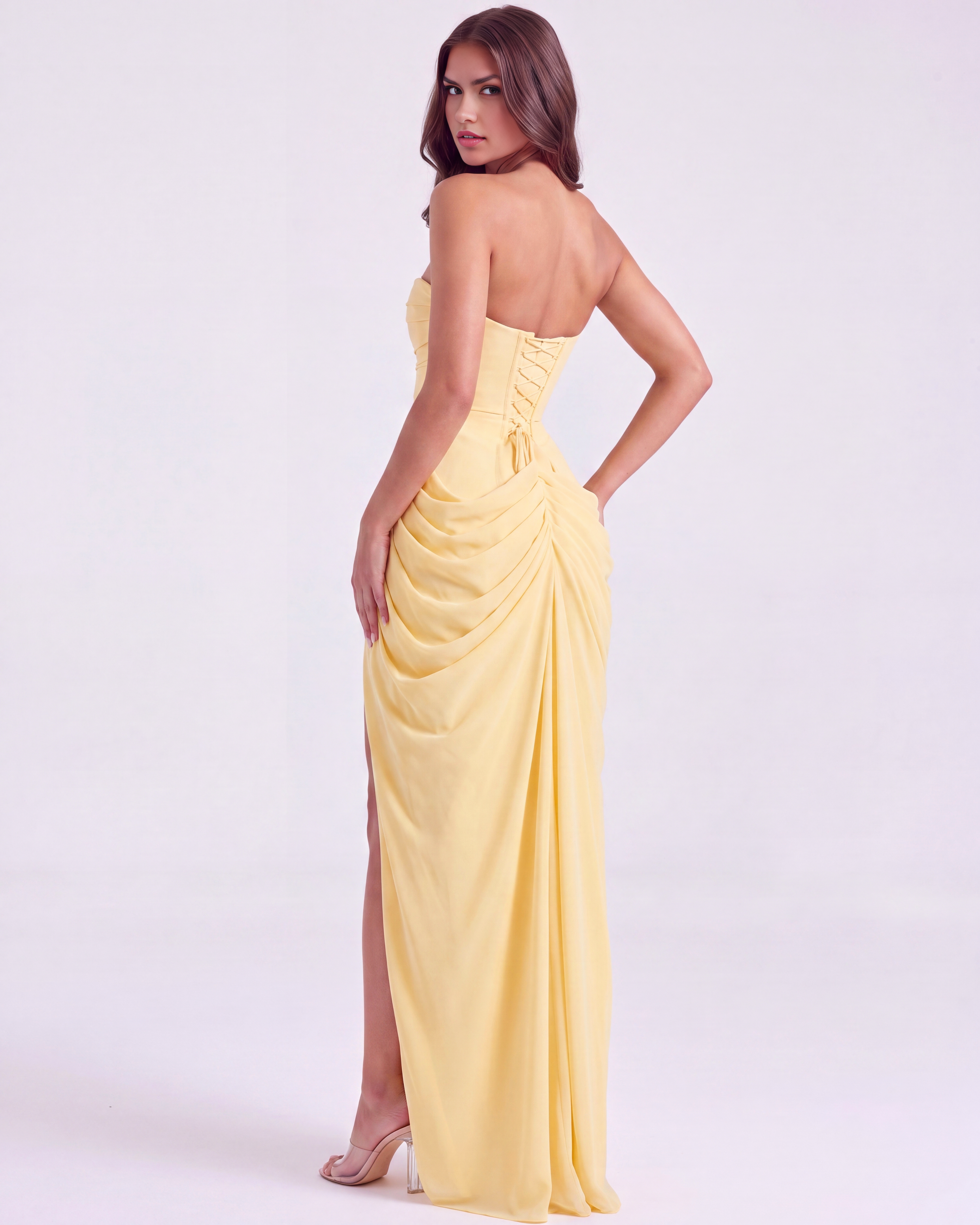 Charlotte Strapless Pleated Maxi Wedding Guest Dress - Lemon Yellow