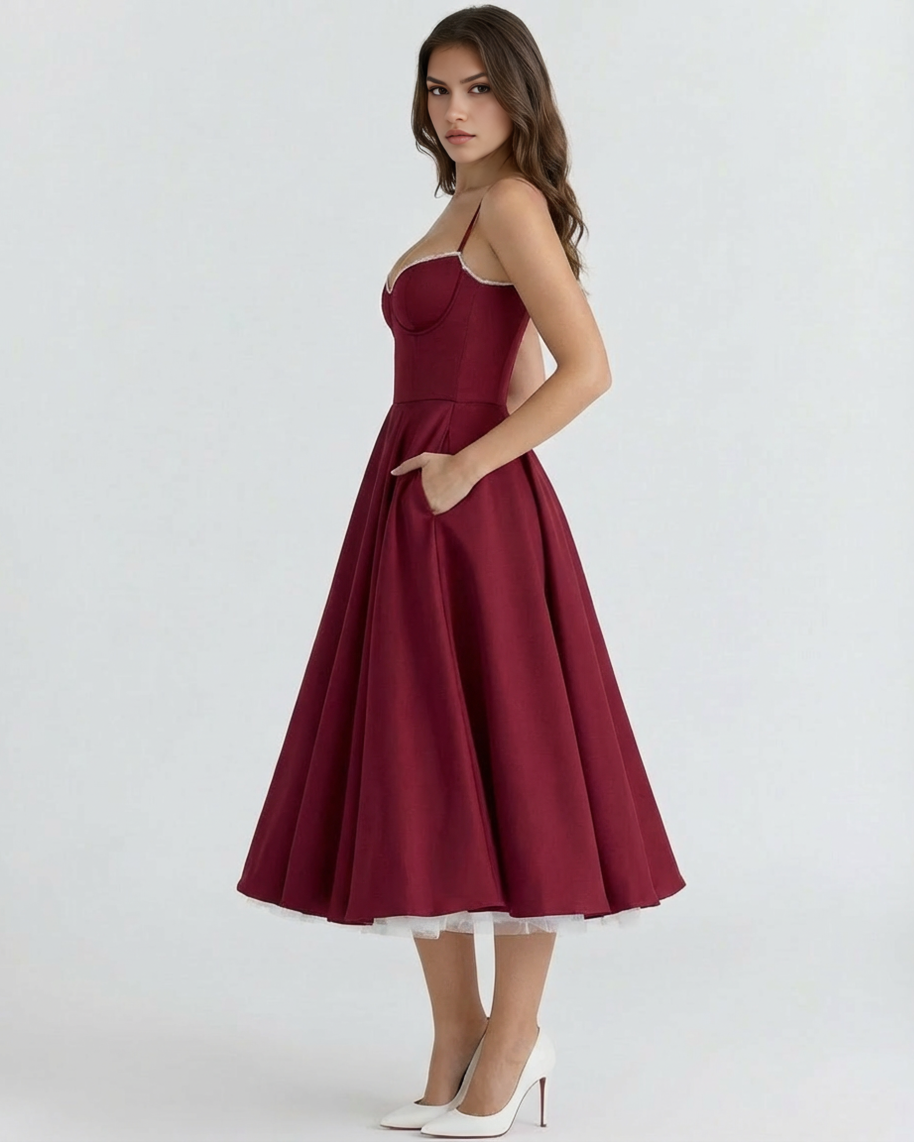 Selene Satin Mesh Midi Wedding Guest Dress - Pink