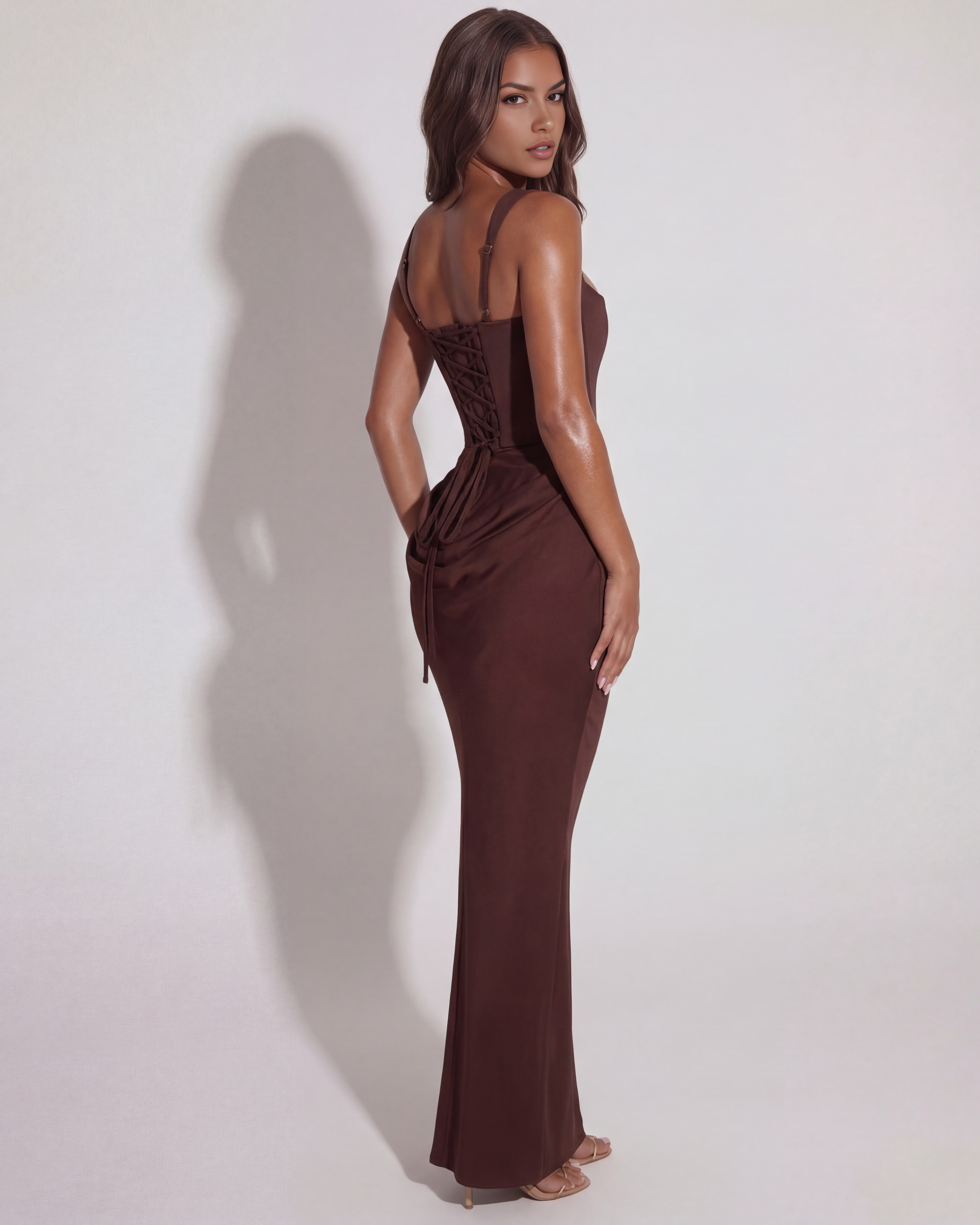 Eleonora Satin Fitted Maxi Evening Dress - Deep Brown
