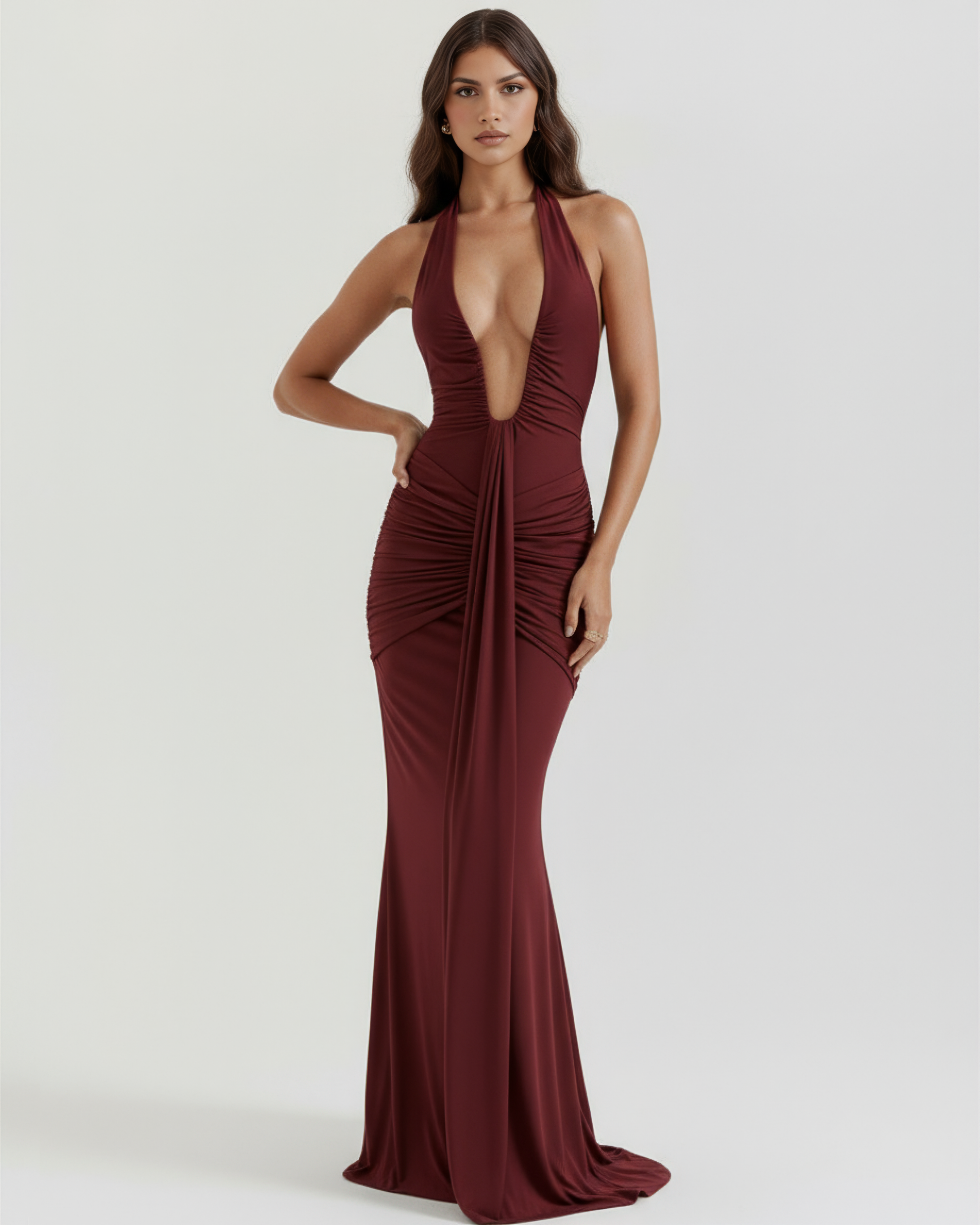 Ariel Ruched Halter Maxi Evening Dress - Burgundy