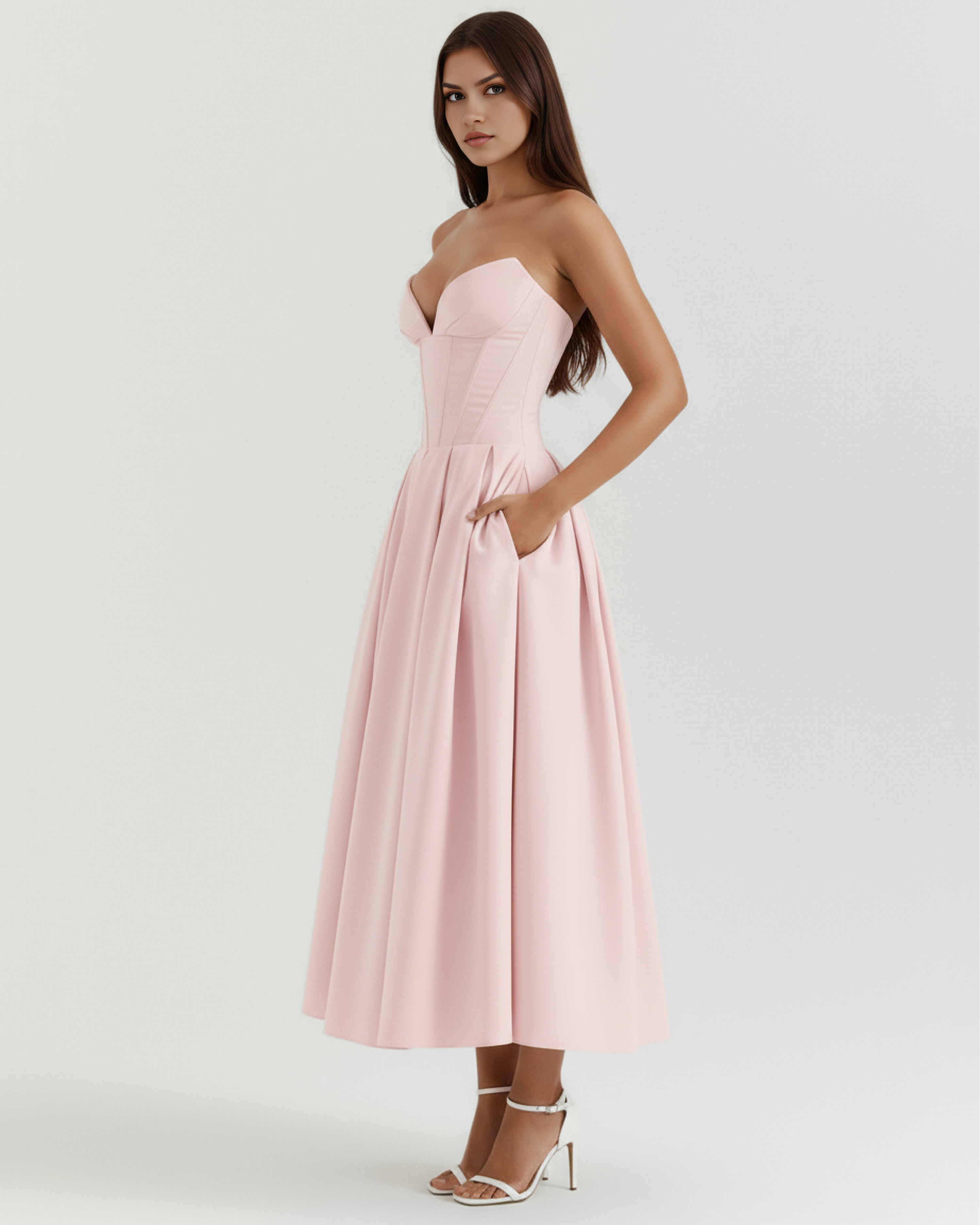 Amalfi Strapless Voluminous Midi Wedding Guest Dress - Ivory