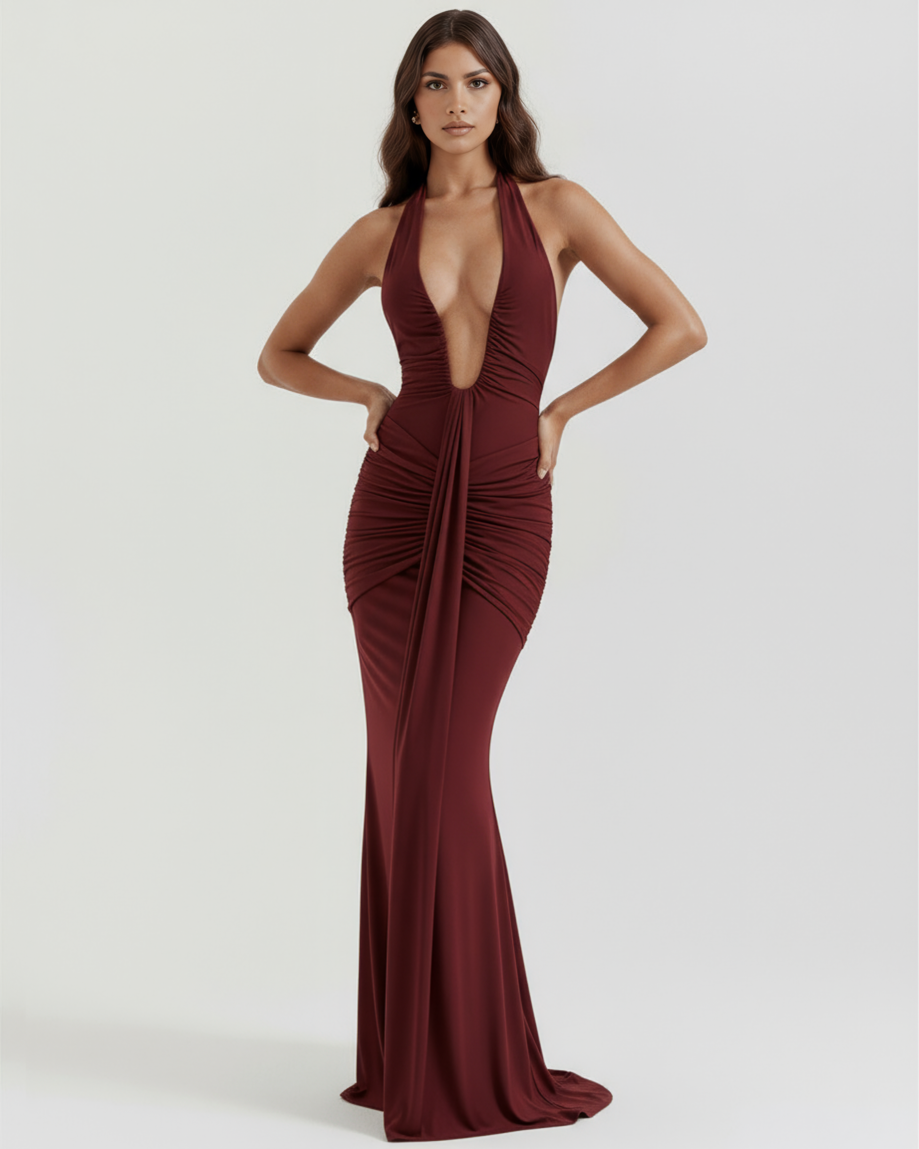 Ariel Ruched Halter Maxi Evening Dress - Burgundy