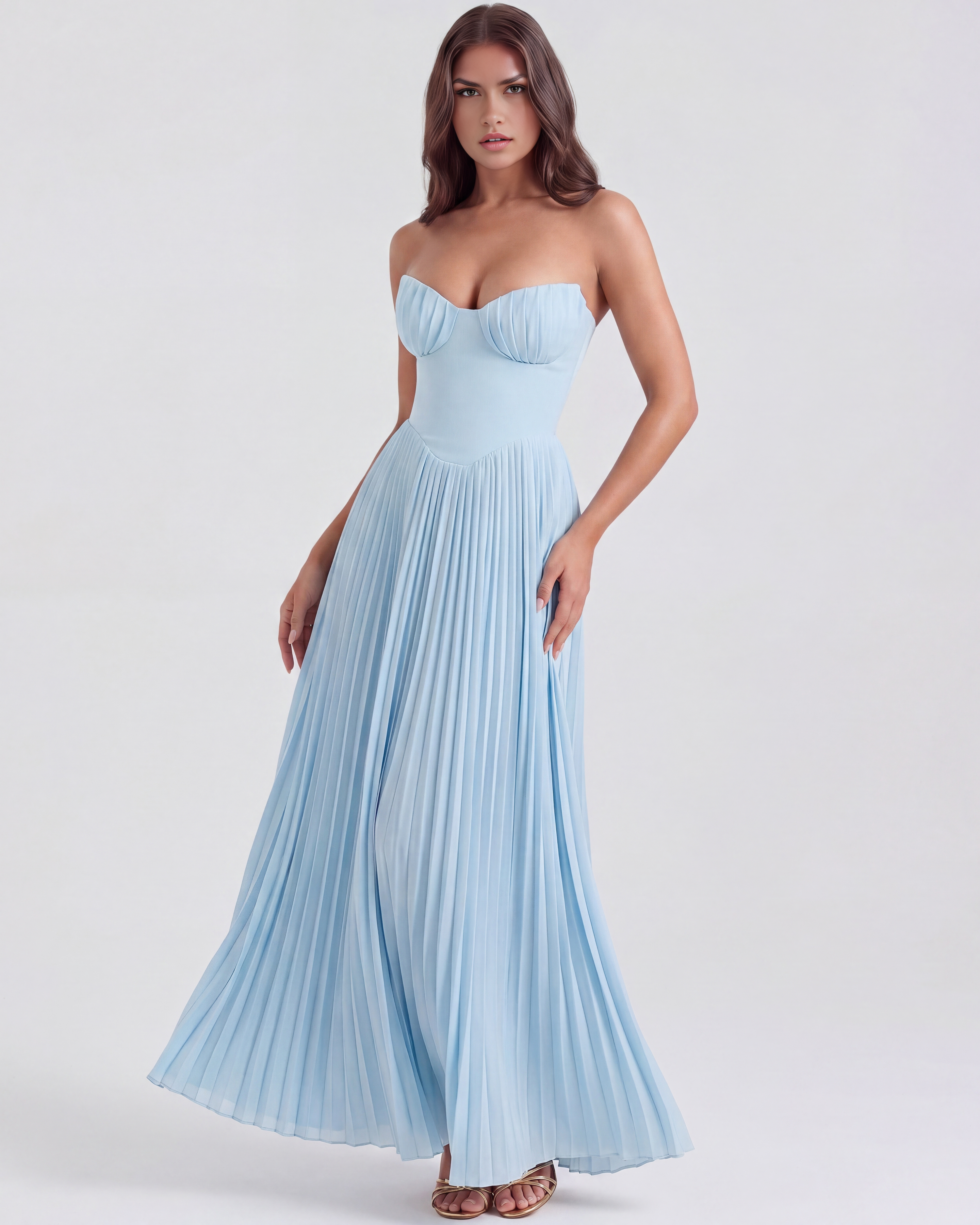 Siena Pleated Strapless Maxi Wedding Guest Dress - Ocean Blue