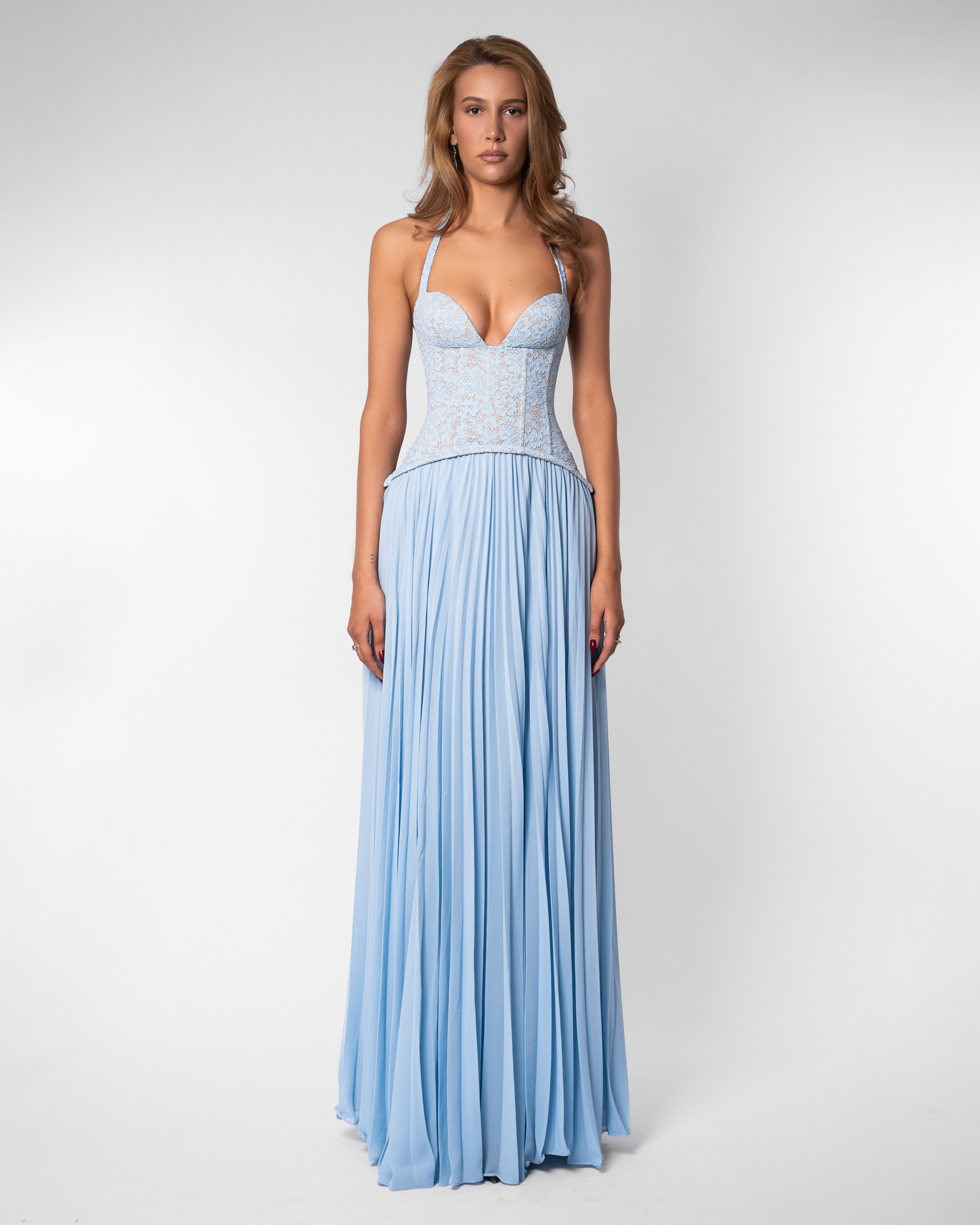 Gaia Lace Pleated Maxi Evening Dress - Soft Blue