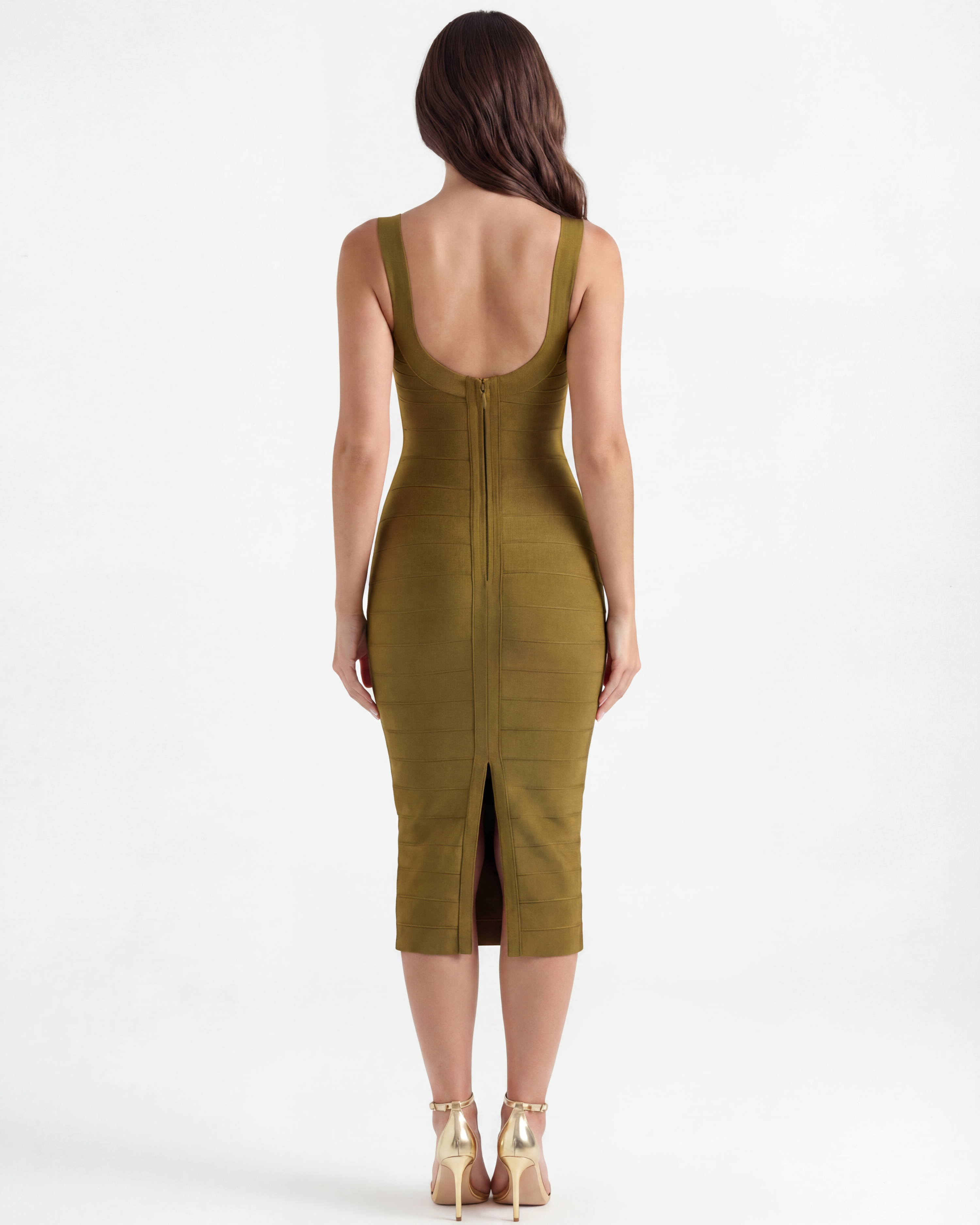 Beyoncé Fitted Bodycon Midi Bandage Dress - Almond