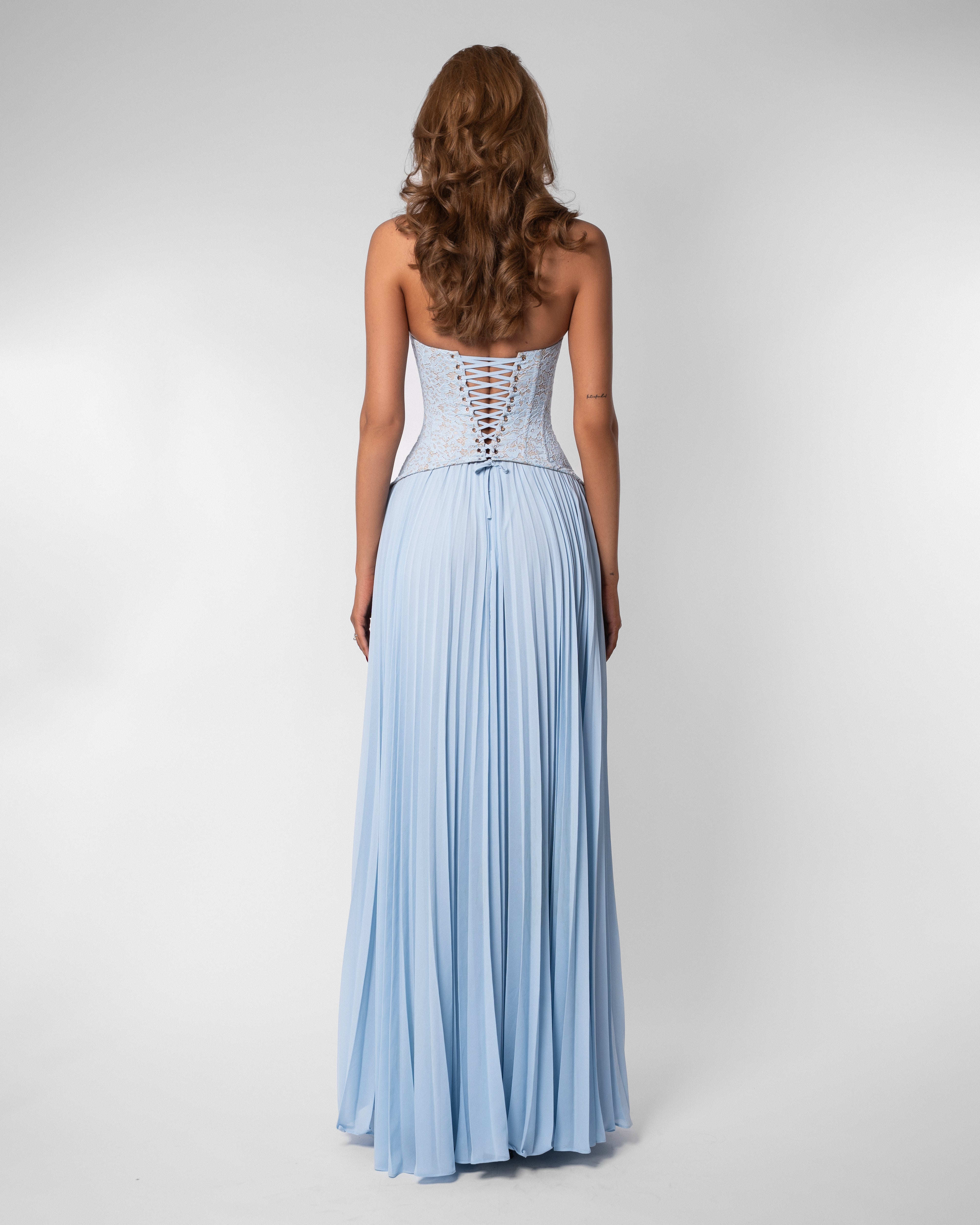 Gaia Lace Pleated Maxi Evening Dress - Soft Blue