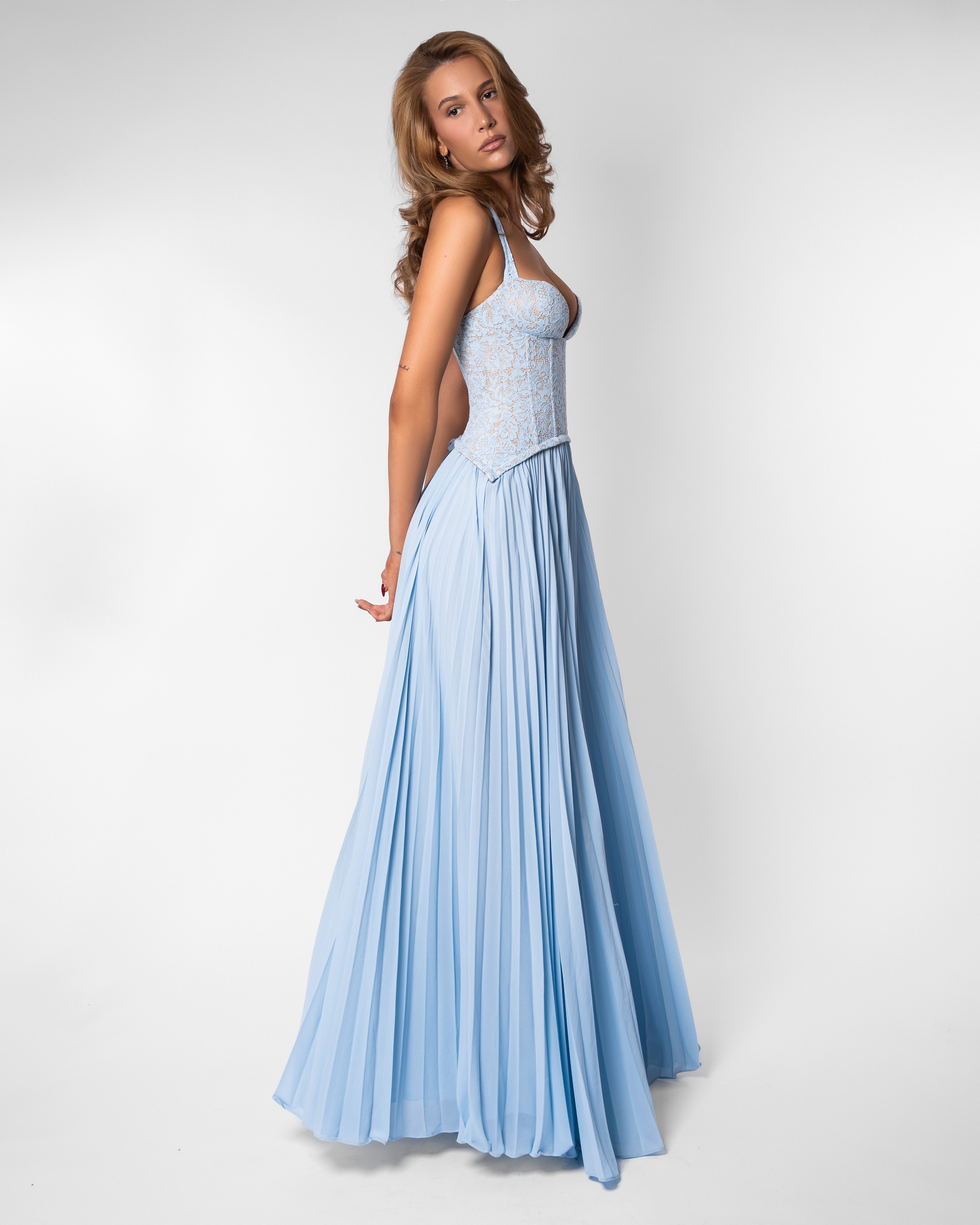 Gaia Lace Pleated Maxi Evening Dress - Soft Blue