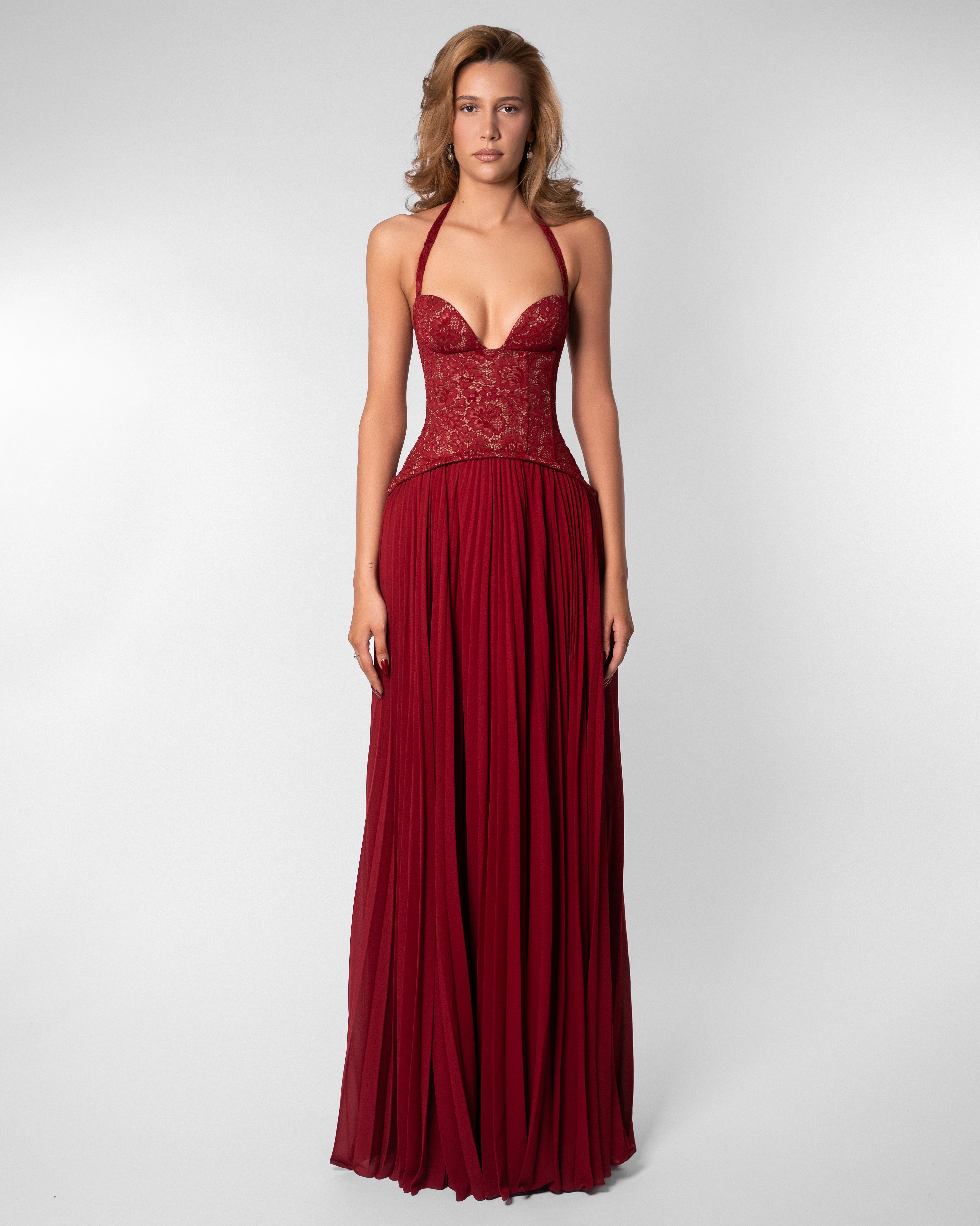 Gaia Lace Pleated Maxi Evening Dress - Dark Red