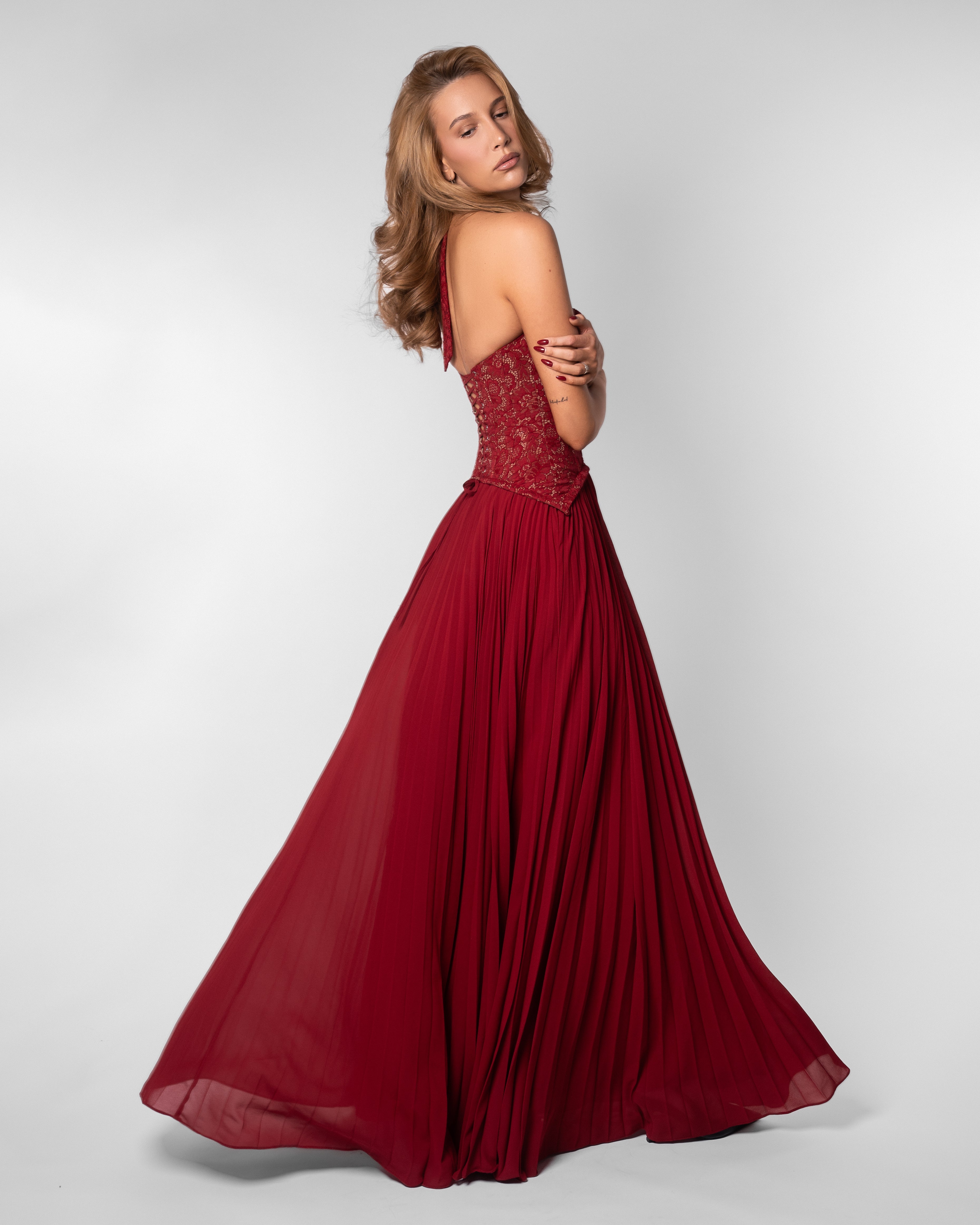 Gaia Lace Pleated Maxi Evening Dress - Dark Red