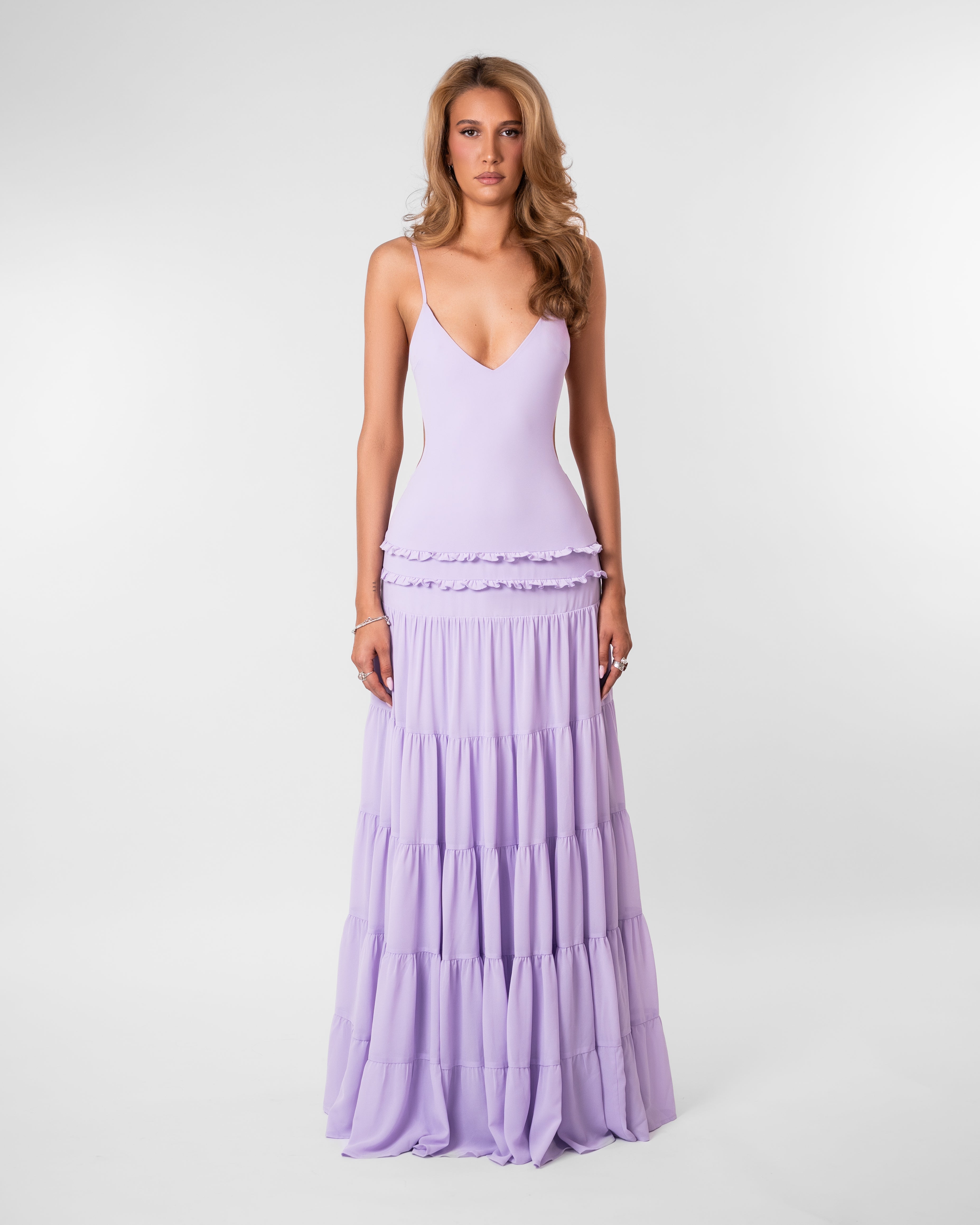Lily Fitted Ruffle Tiered Midi Summer Dress - Lilac