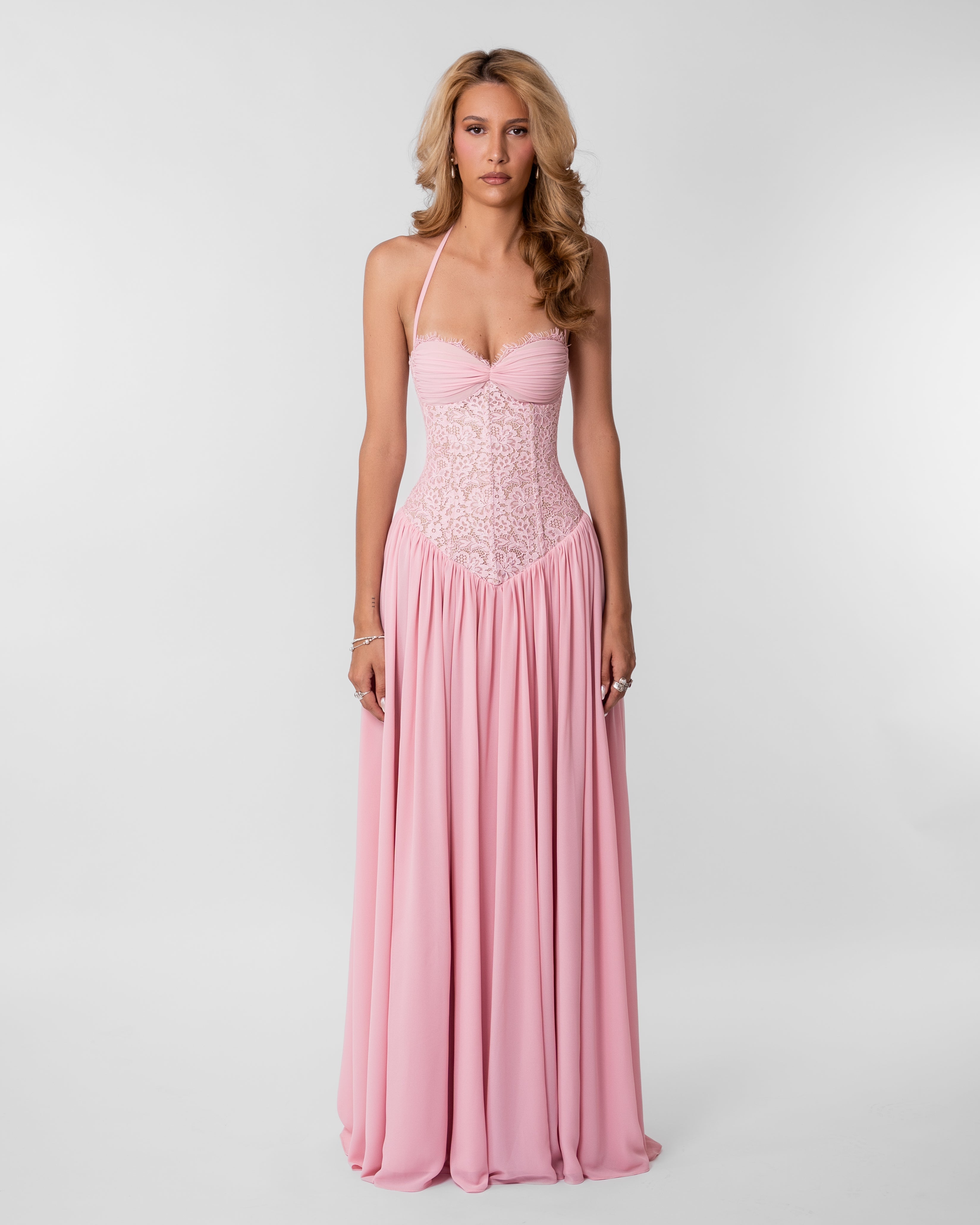 Faye Lace Corset Maxi Evening Dress - Pink