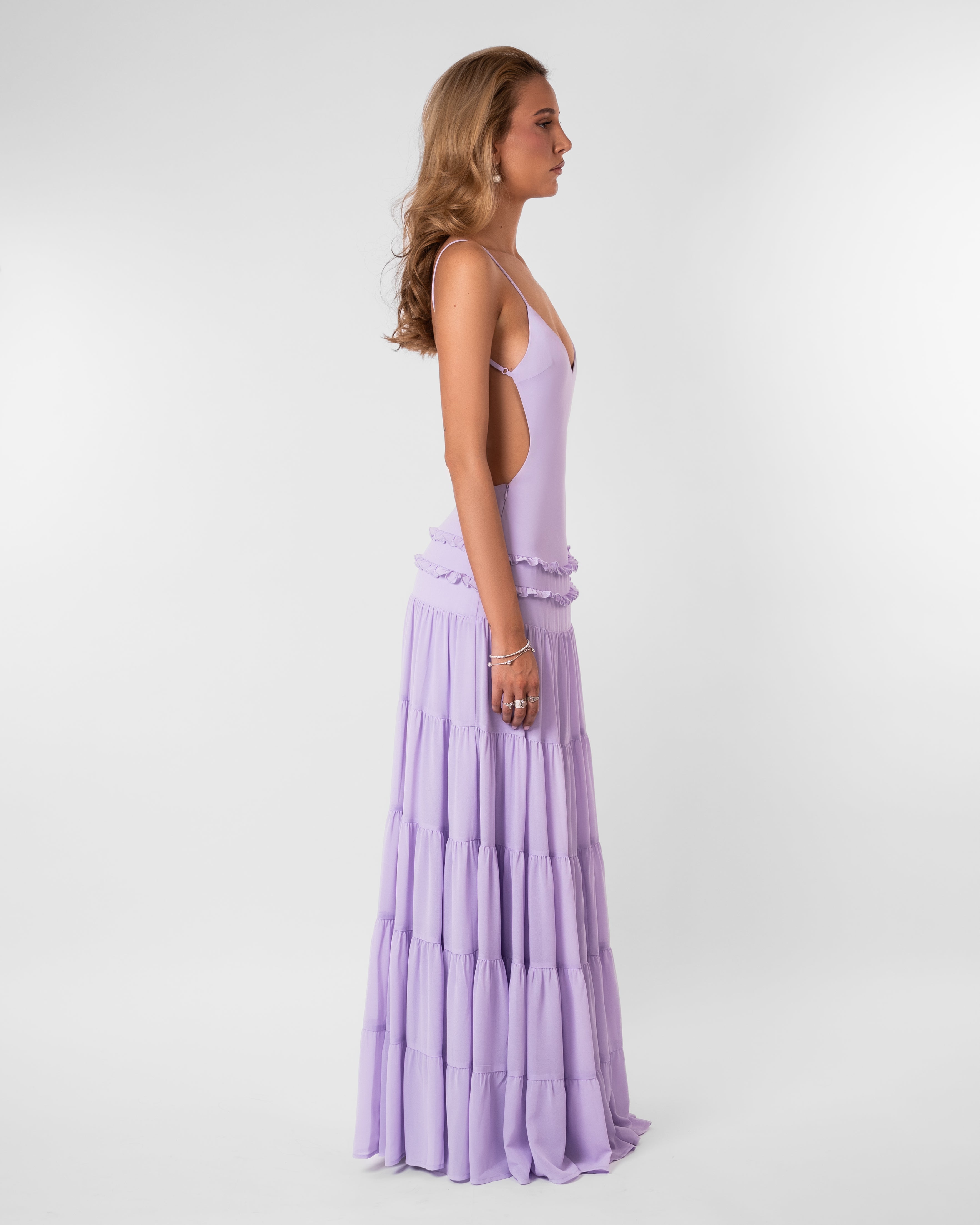 Lily Fitted Ruffle Tiered Midi Summer Dress - Lilac