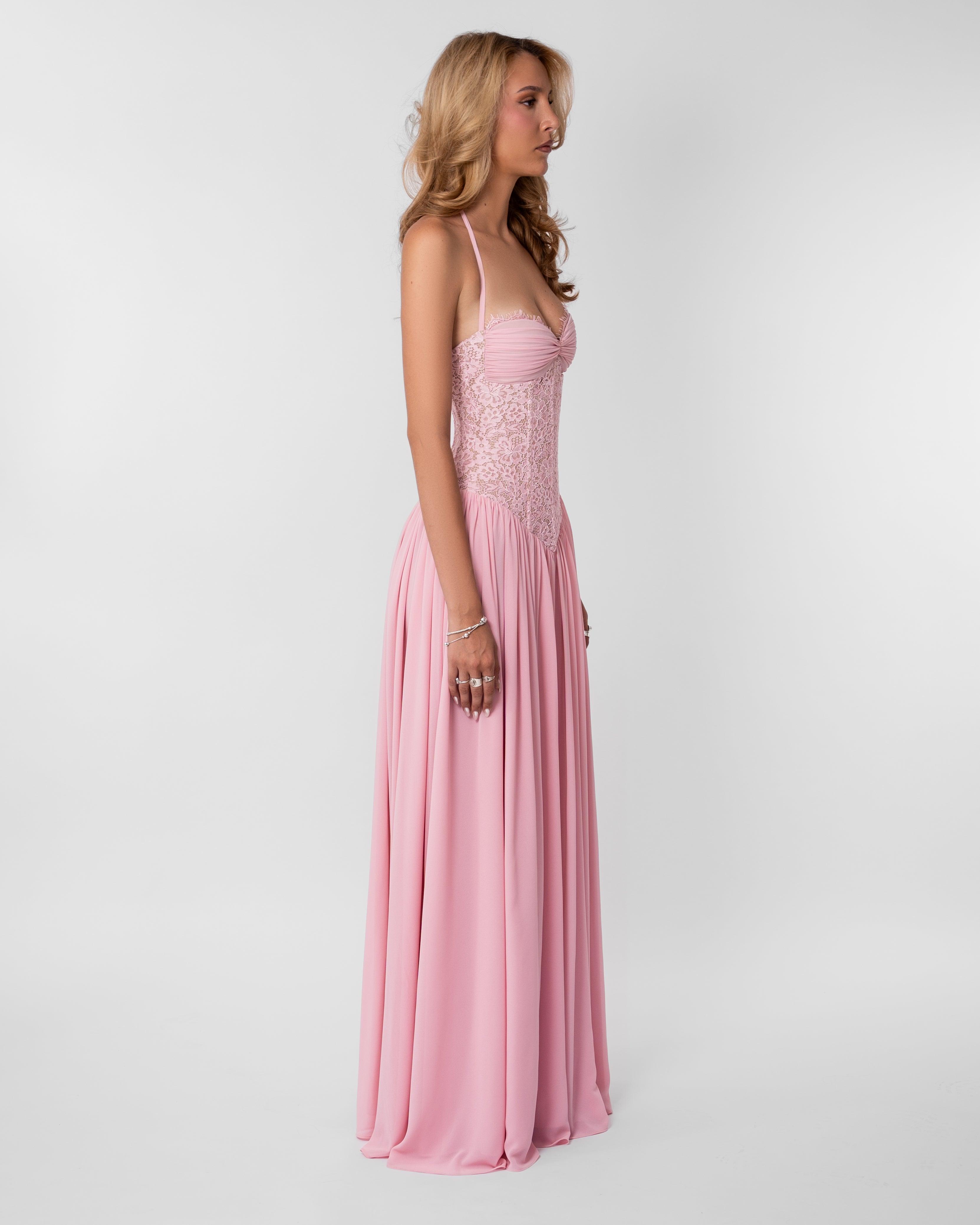Faye Lace Corset Maxi Evening Dress - Pink