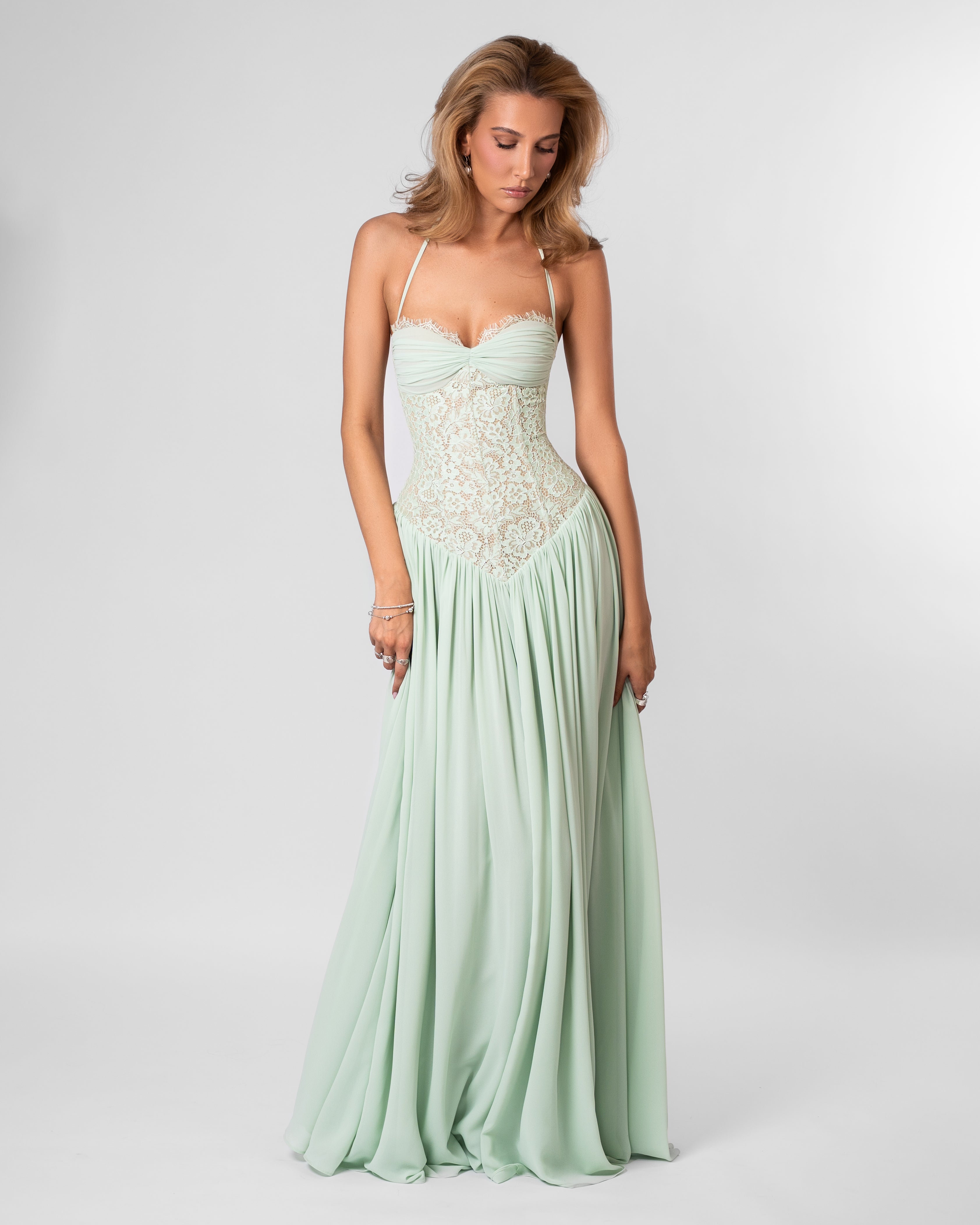 Faye Lace Corset Maxi Evening Dress - Mint