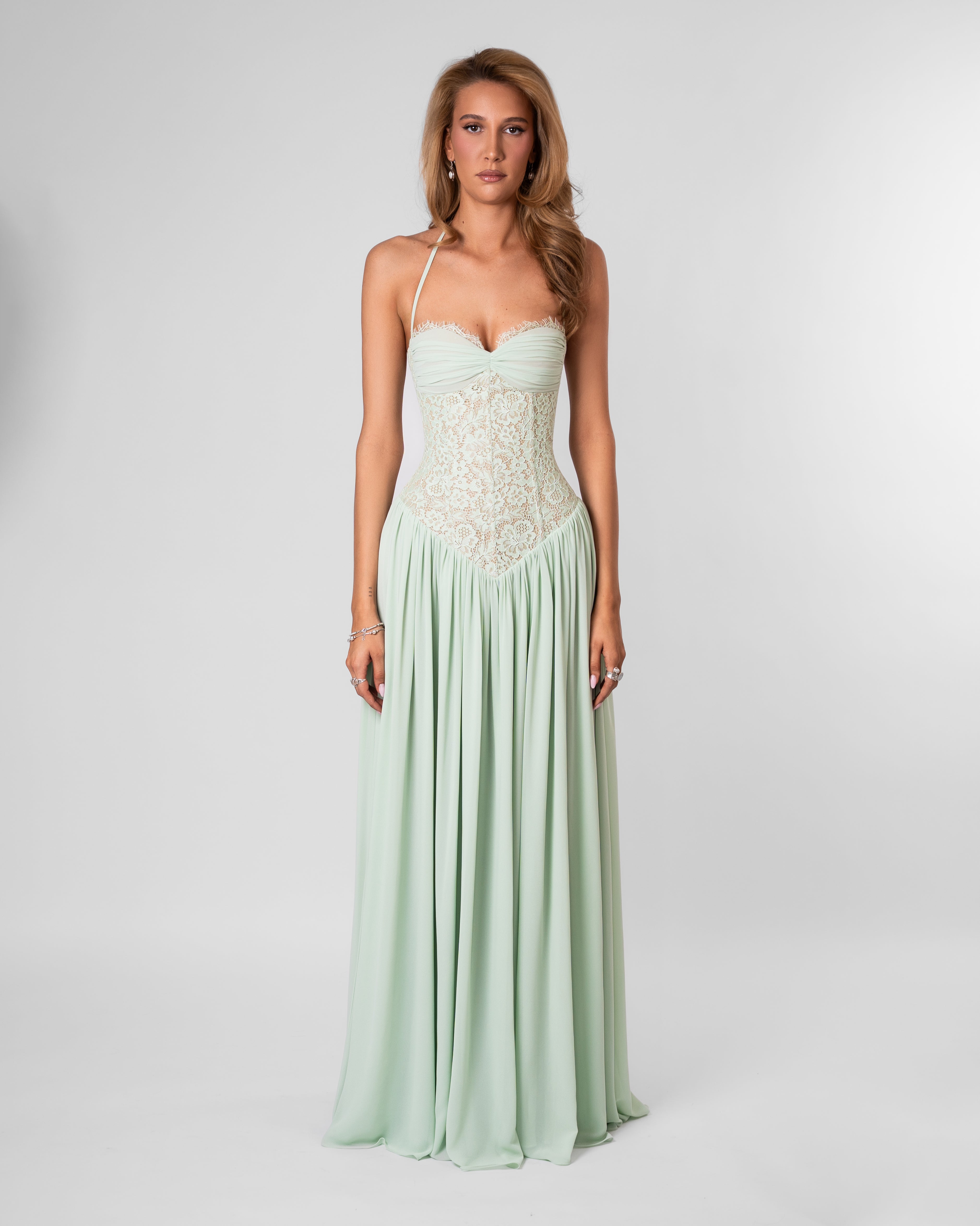 Faye Lace Corset Maxi Evening Dress - Mint