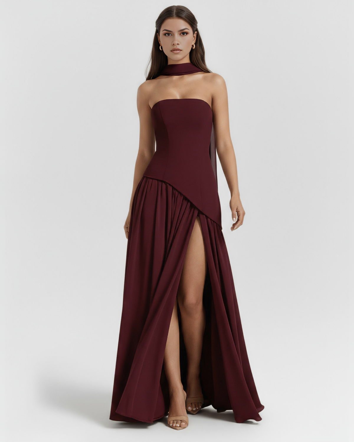 Serena Fitted Lace-Up Maxi Formal Dress - Deep Cherry Lacquer