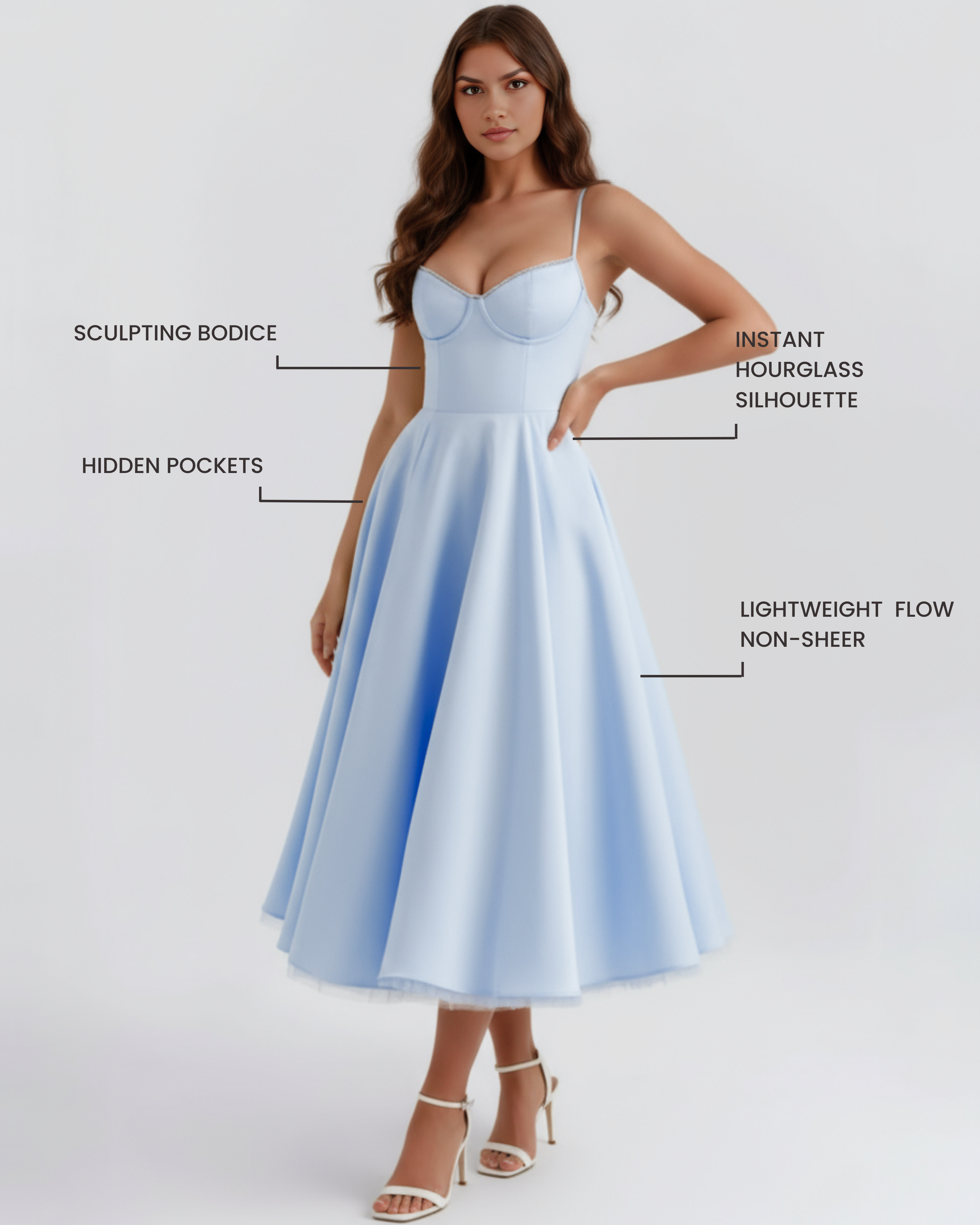 Selene Satin Mesh Midi Wedding Guest Dress - Champagne