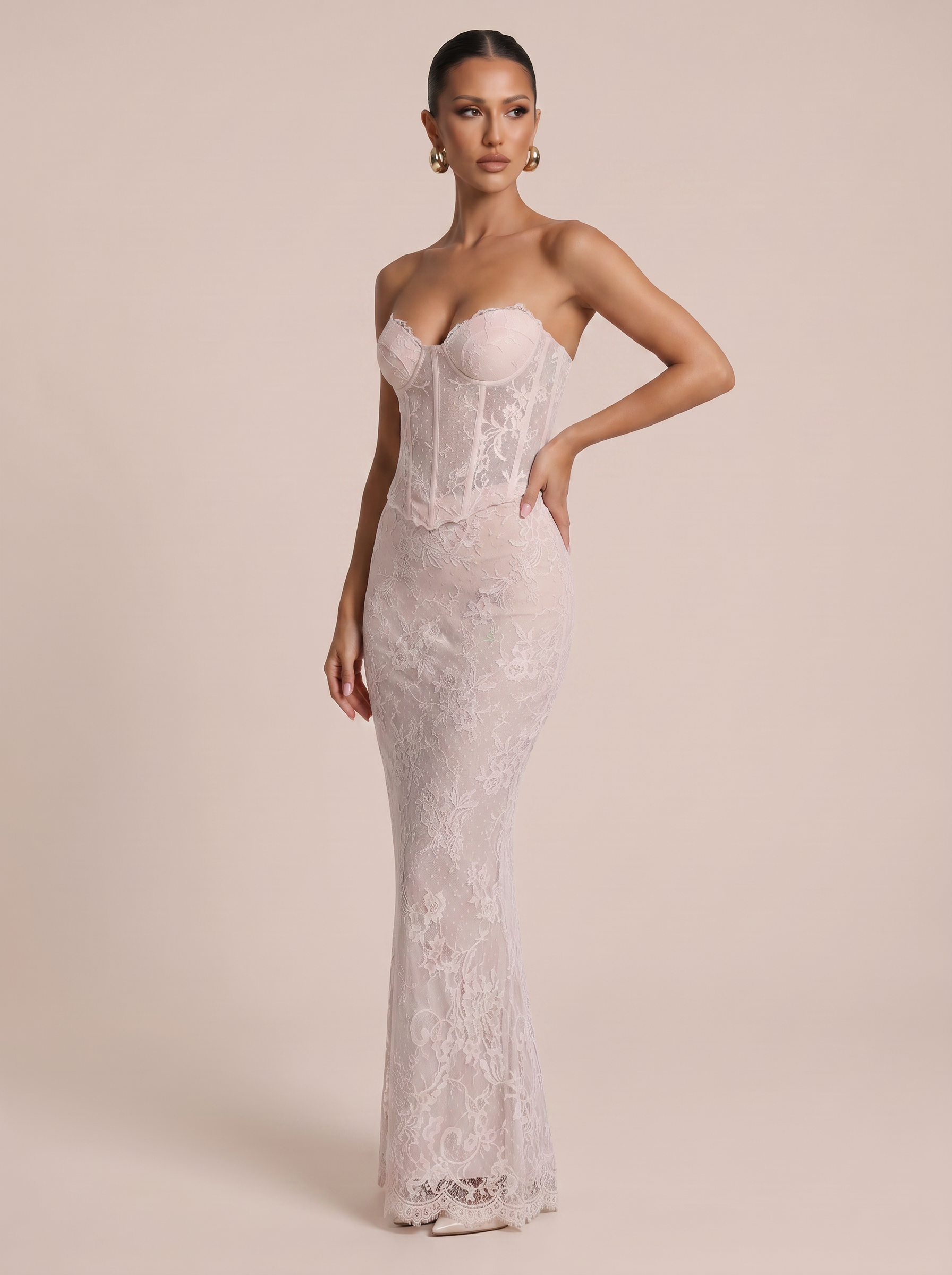 Junia Blush Pink Lace Strapless Corset Handmade Maxi Dress - Nubae