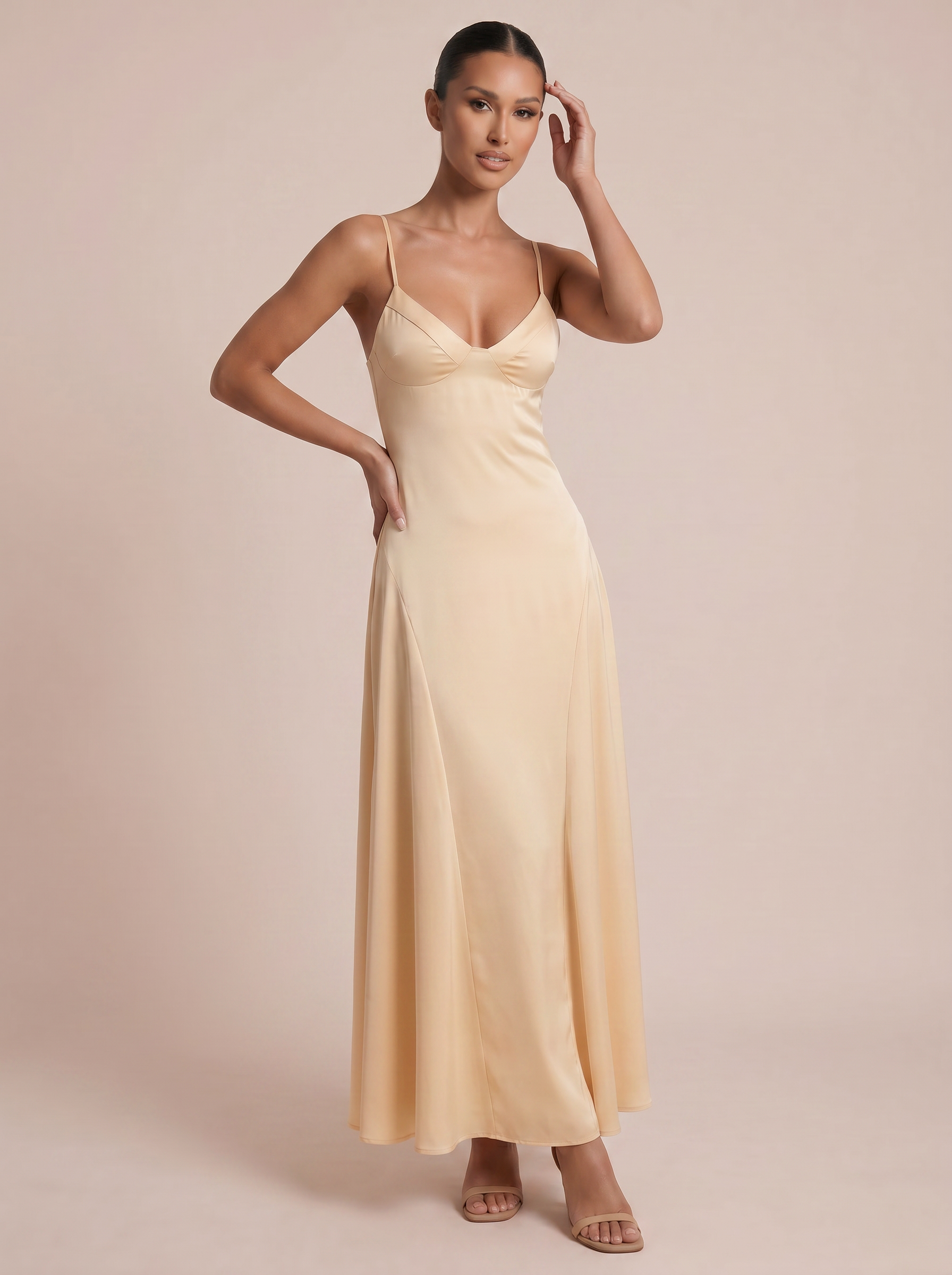 Arrieta Spaghetti Strap Satin V Neck Maxi Dress - Nubae