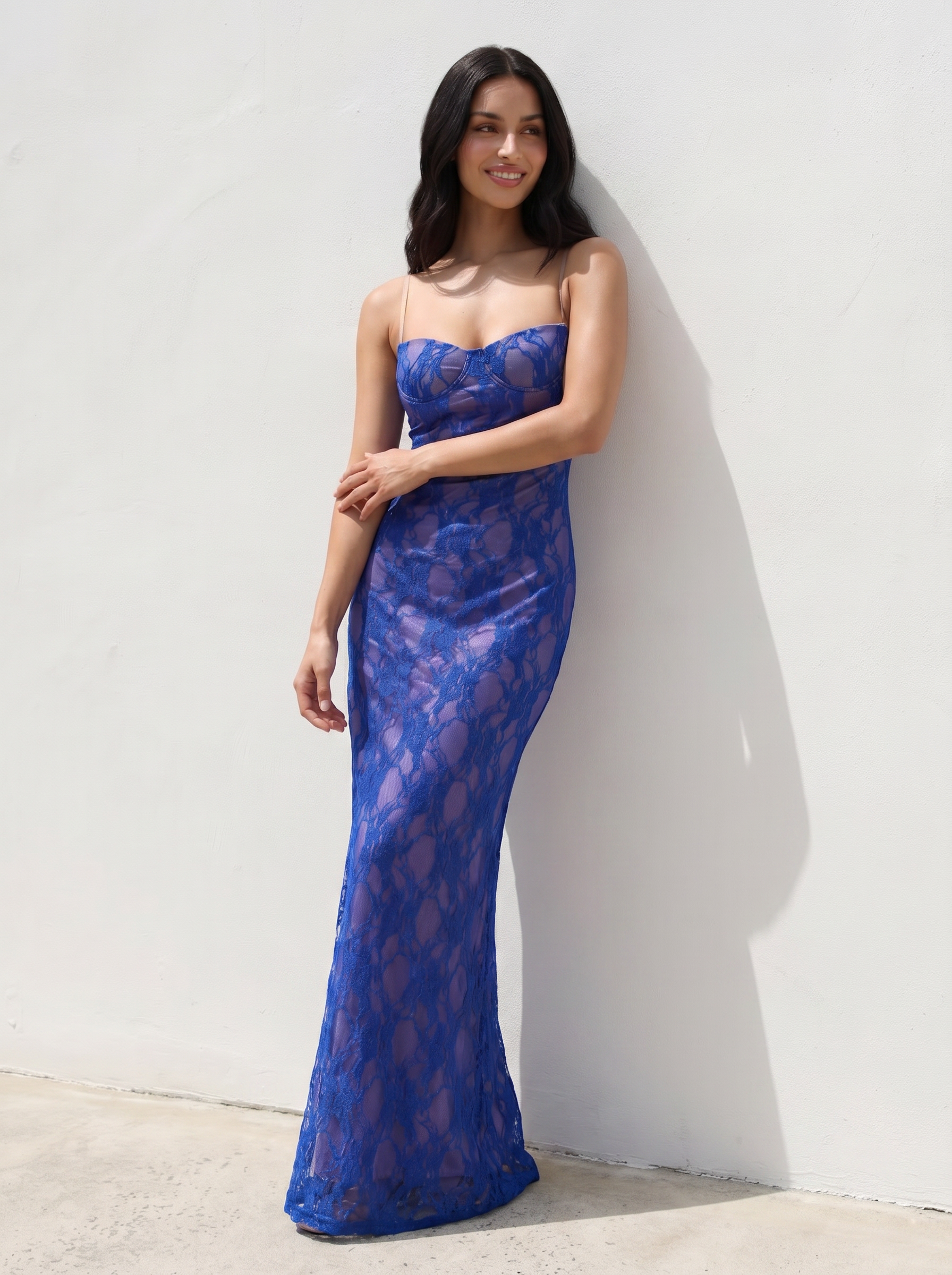 Cavira Blue Lace Bodycon Spaghetti Strap Maxi Dress - Nubae