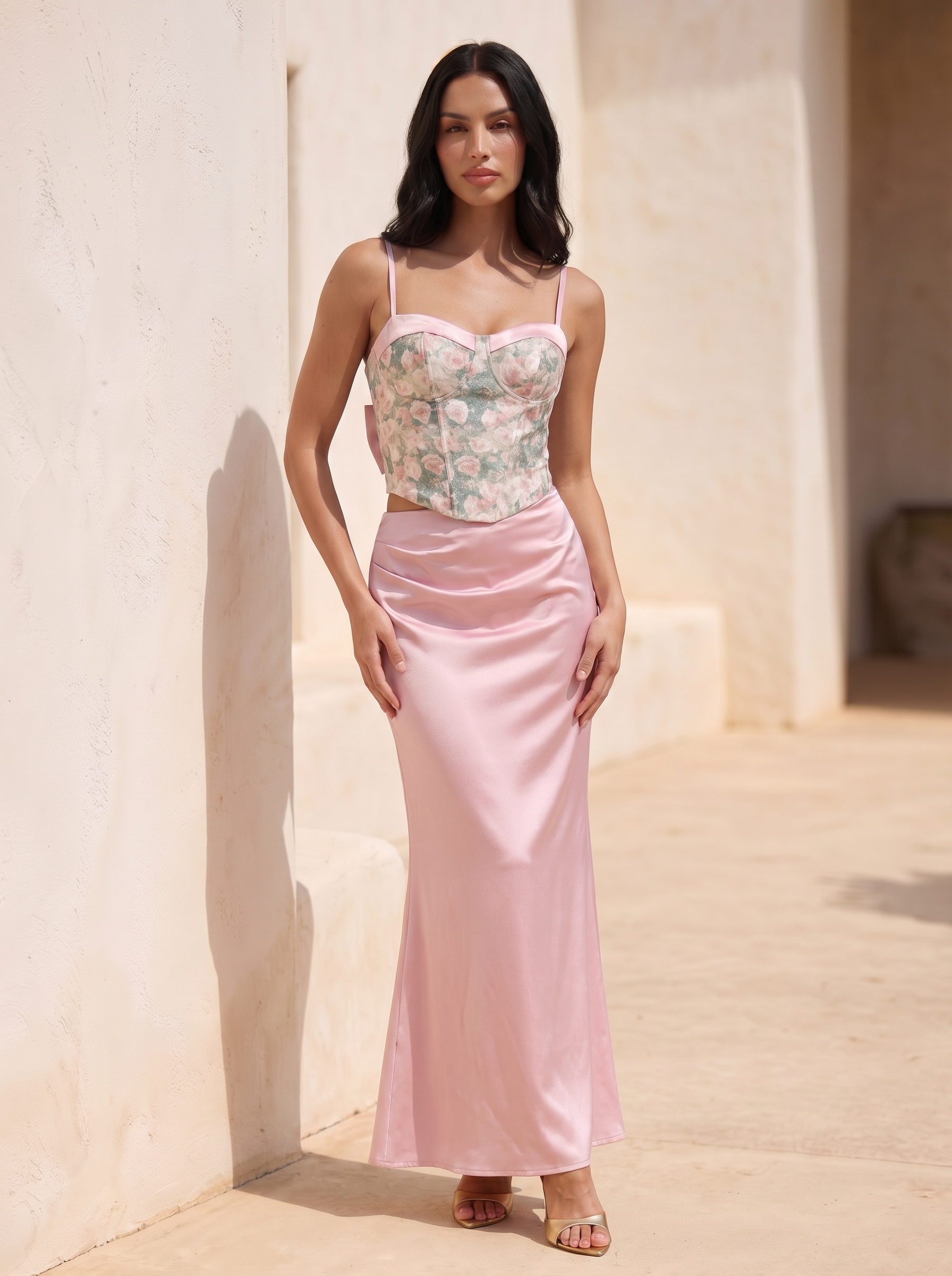 Xanelle Floral Crop Top & Satin Maxi Skirt Bodycon Two Piece Set - Nubae